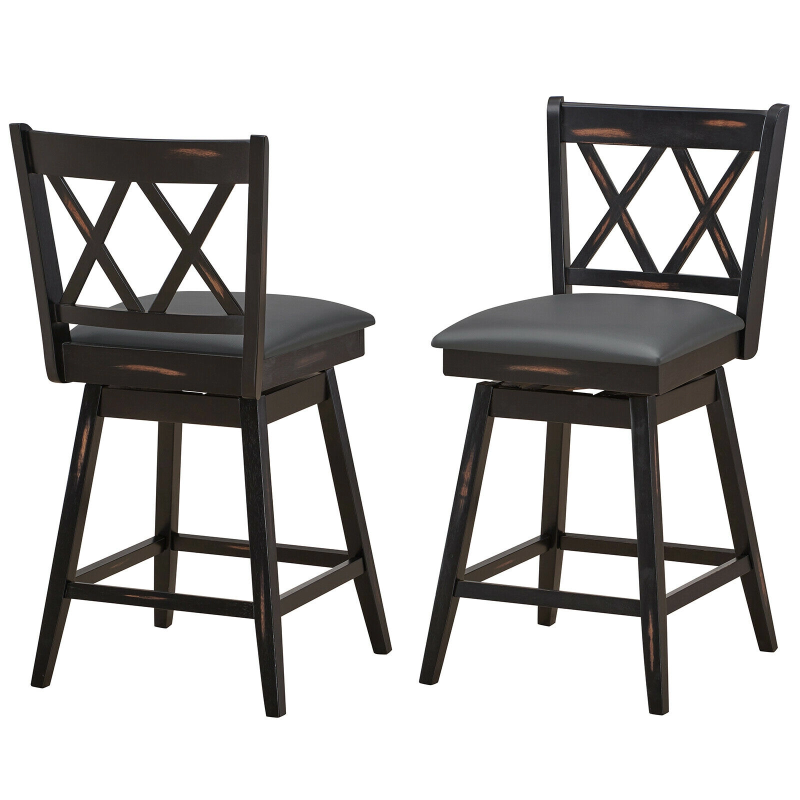SUGIFT Black Rubber Wood Legs 2 Piece 24 Inch Swivel Counter Height Bar Stool Set