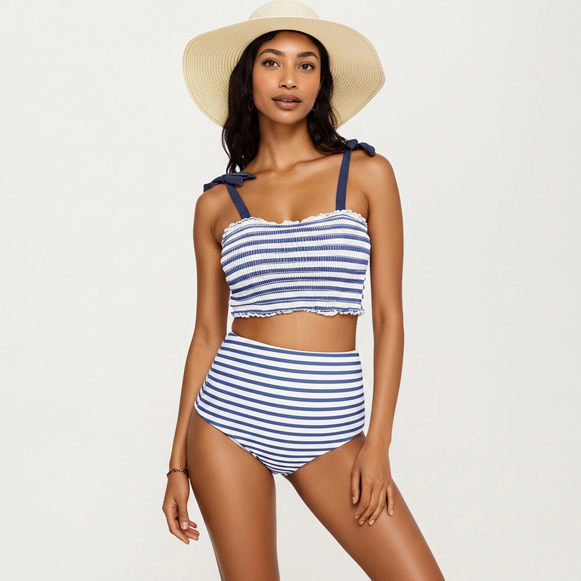 Anna-Kaci Women's Maternity Striped Smocked Bikini Set with Tie-Shoulder Top and High-Waisted Bottom
