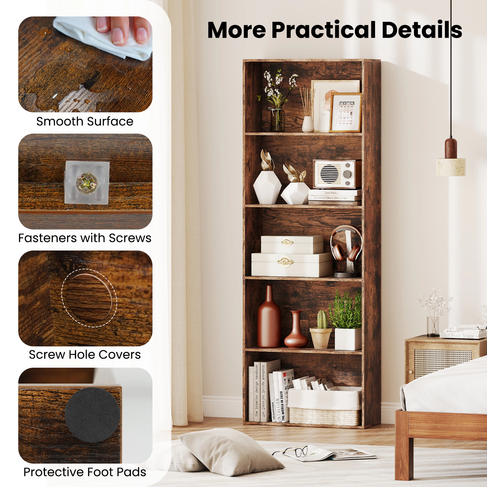 SUGIFT Rustic Brown 5-Tier Bookshelf 67 in with Dual Anti-Tipping Kits