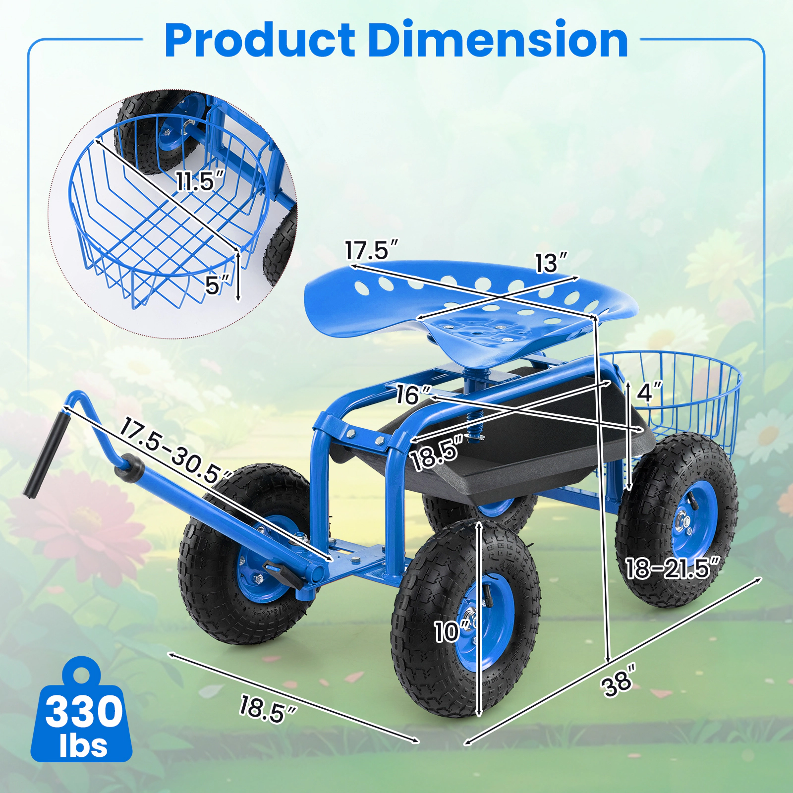 SUGIFT Adjustable Seat Extendable Handle Garden Cart Rolling Wagon Scooter 330-lb Capacity Blue