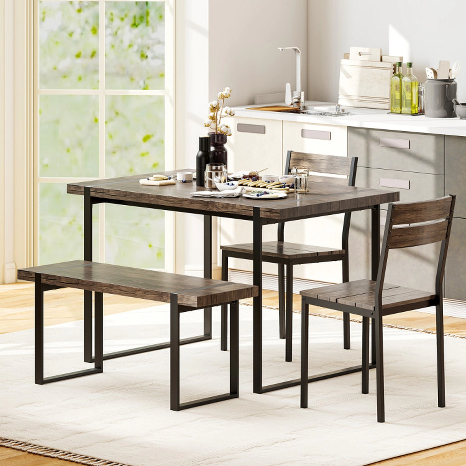 SUGIFT 4-Piece Dining Table Set with Bench and 2 Curved-Back Chairs, Gray and Black
