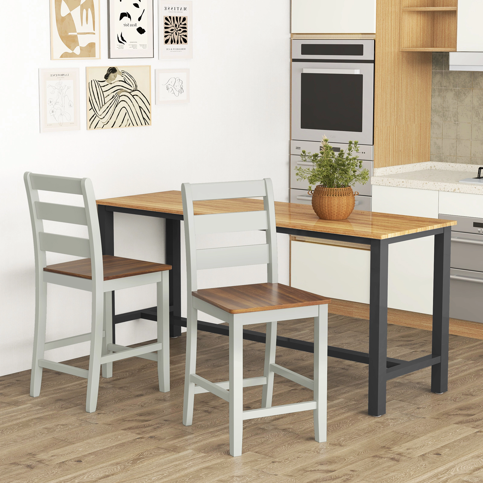 Glintex 2-Piece 24-Inch Counter Stool Set with Inclined Backrest, Gray & Walnut