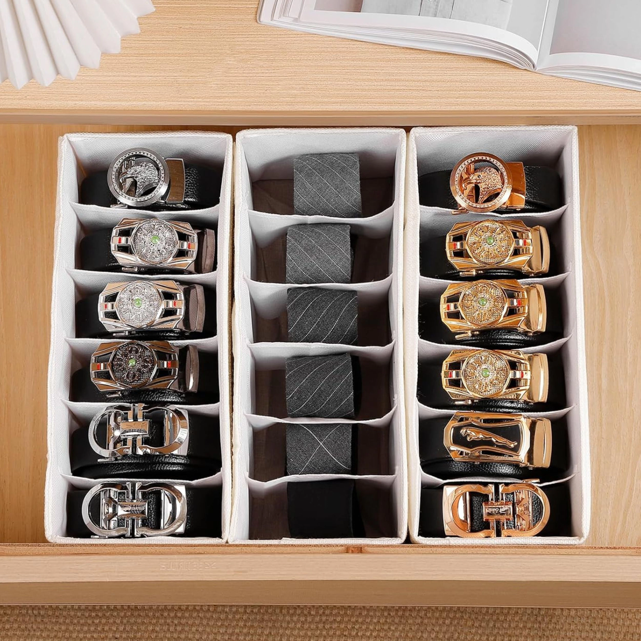 Stock Preferred Pack of 3 Fabric Belt Organizer with 6 Grid Foldable Closet Drawer Storage