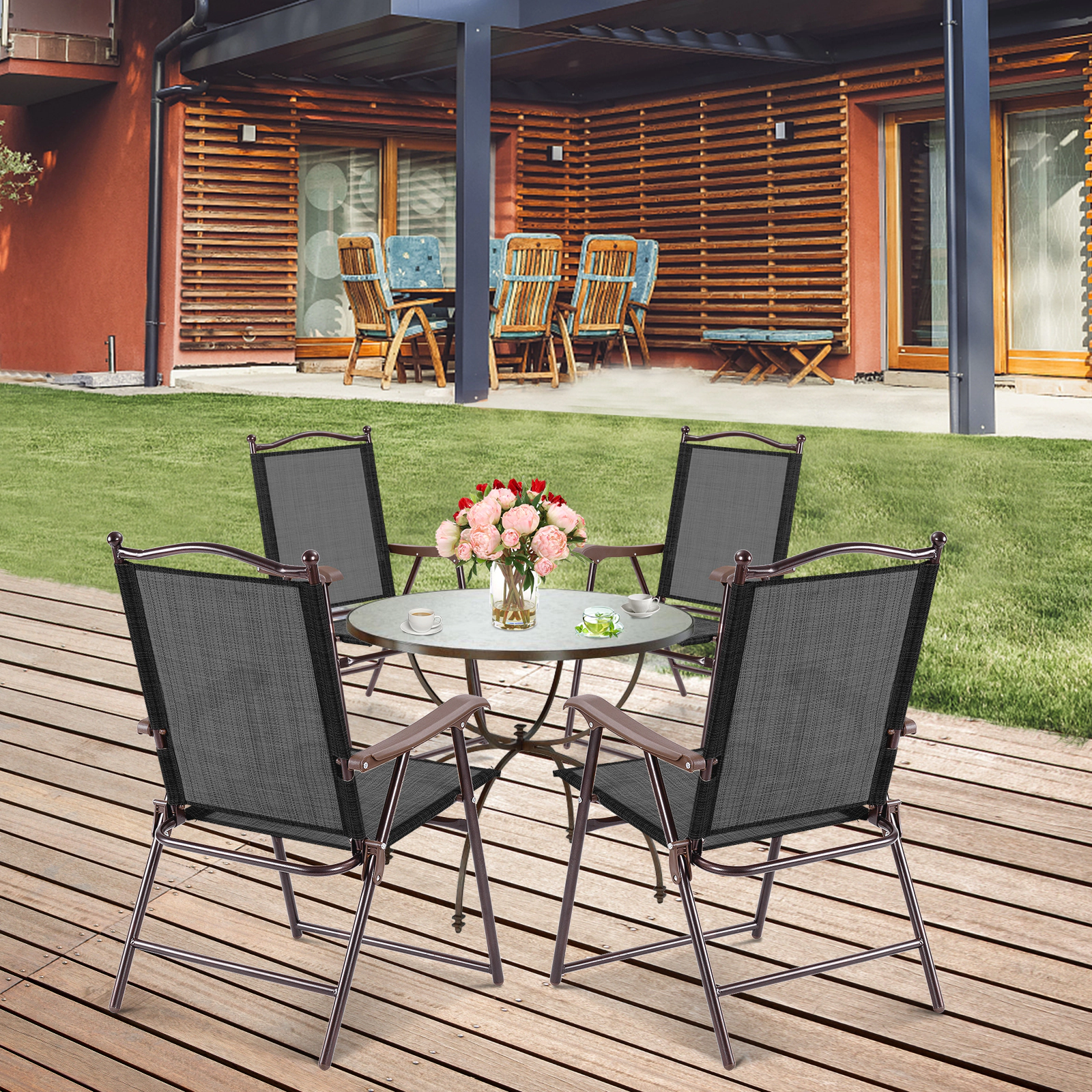 LJG Set of 2 Patio Folding Sling Back Camping Deck Chairs