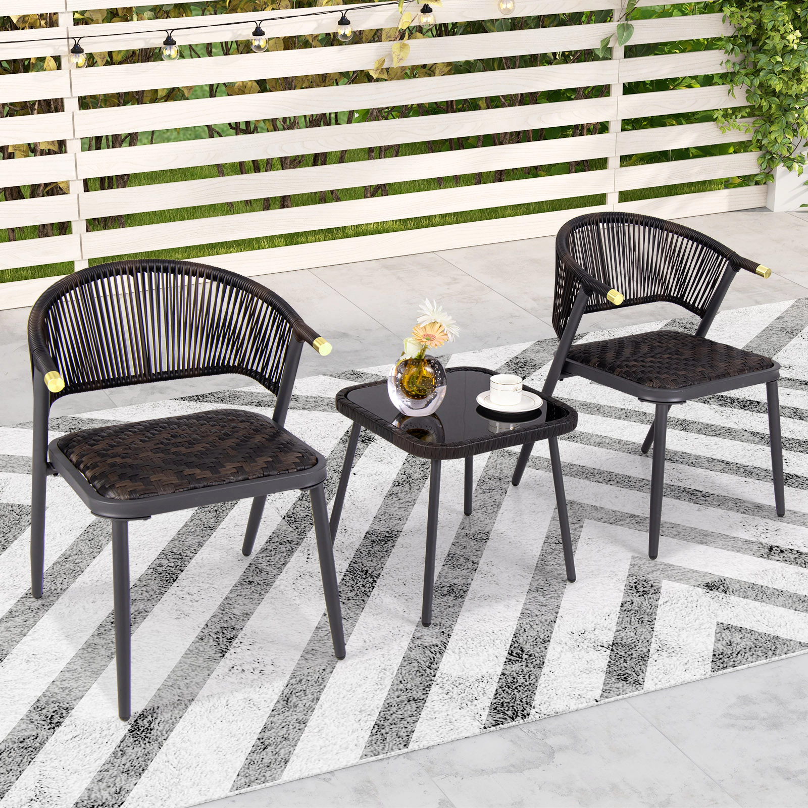 SUGIFT 3-Piece Patio Rattan Conversation Set with Quick Dry Foam Chairs 400-lb Capacity Mix Brown and Black