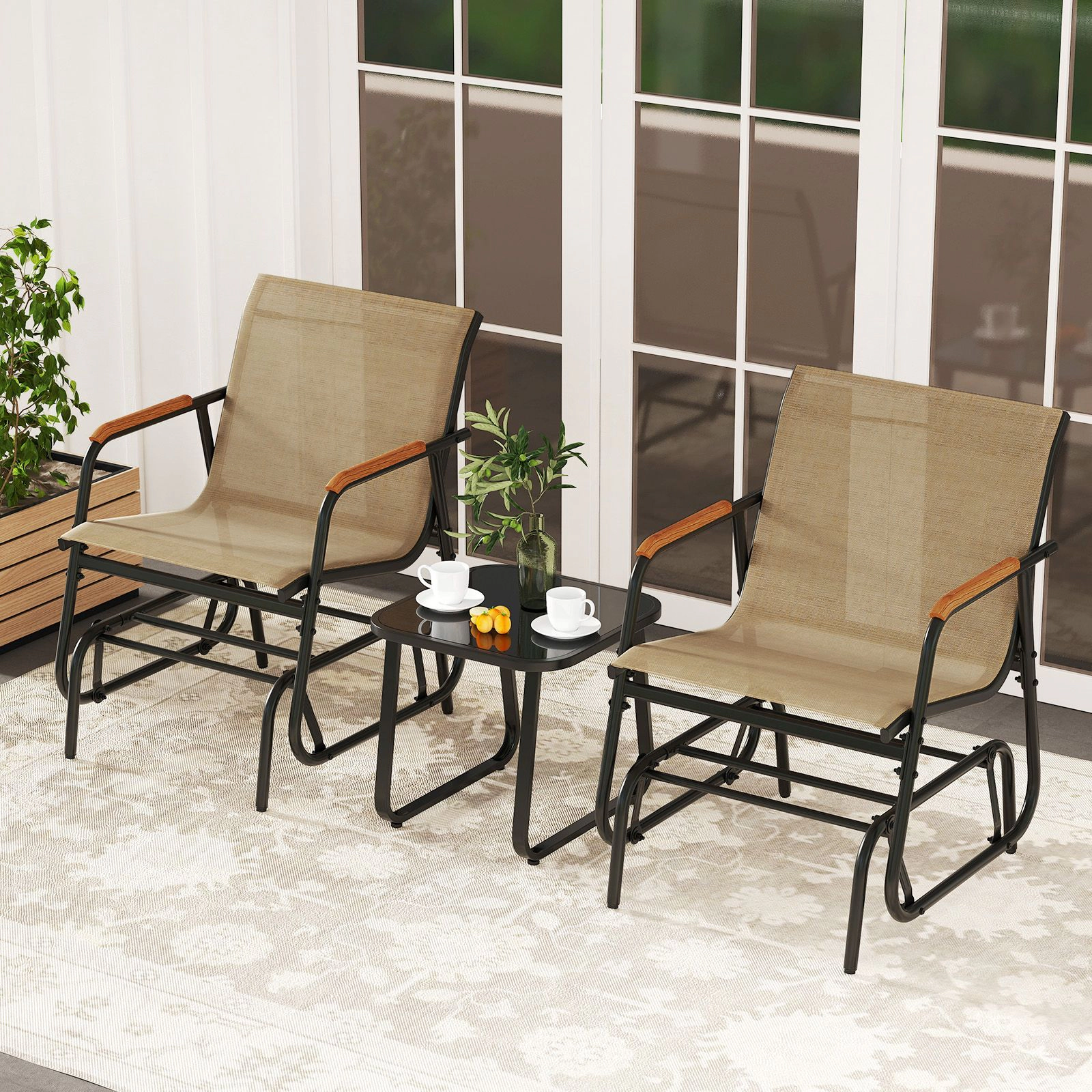 SlickBlue 3-Piece Patio Glider Chairs with Teak Armrests and Glass Table