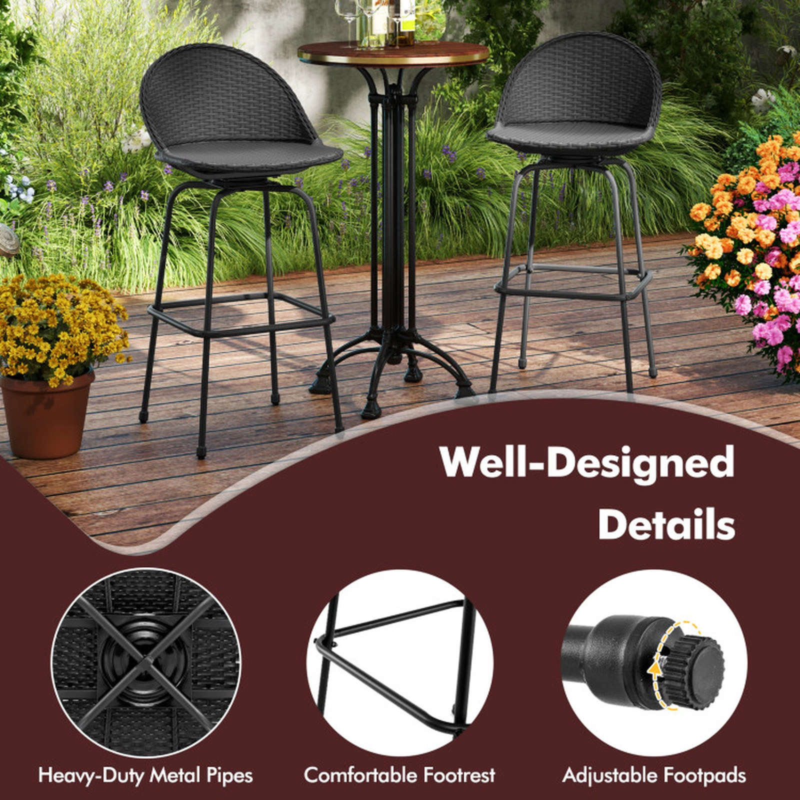 SUGIFT Set of 2 Brown PE Rattan Outdoor Swivel Bar Stools, 30-Inch Seat