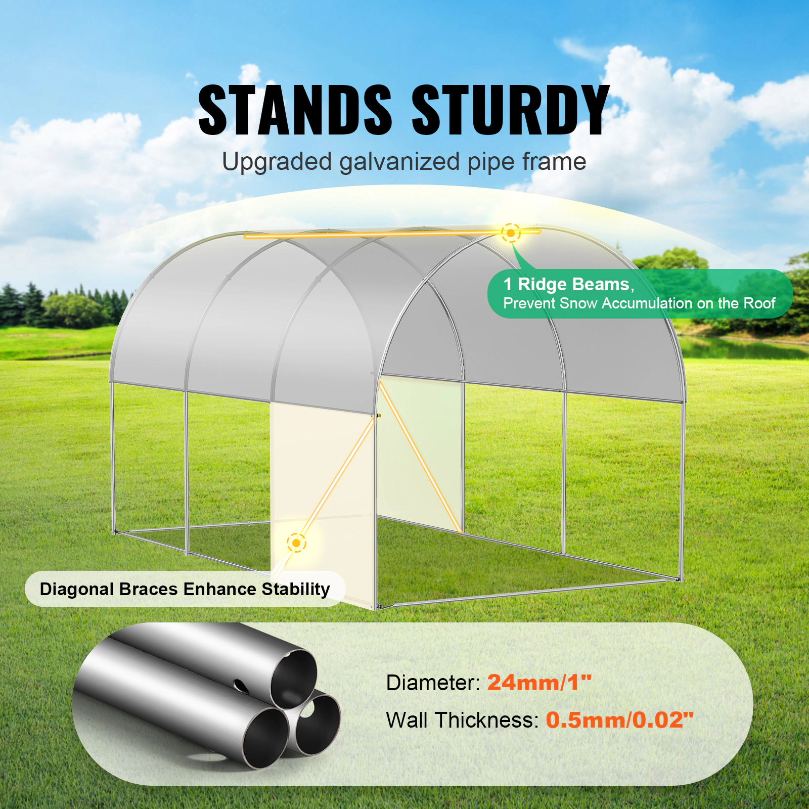 HONGGE Walk-in Tunnel Greenhouse Portable Plant Hot House with Galvanized Steel Hoops 1 Top Beam Diagonal Poles