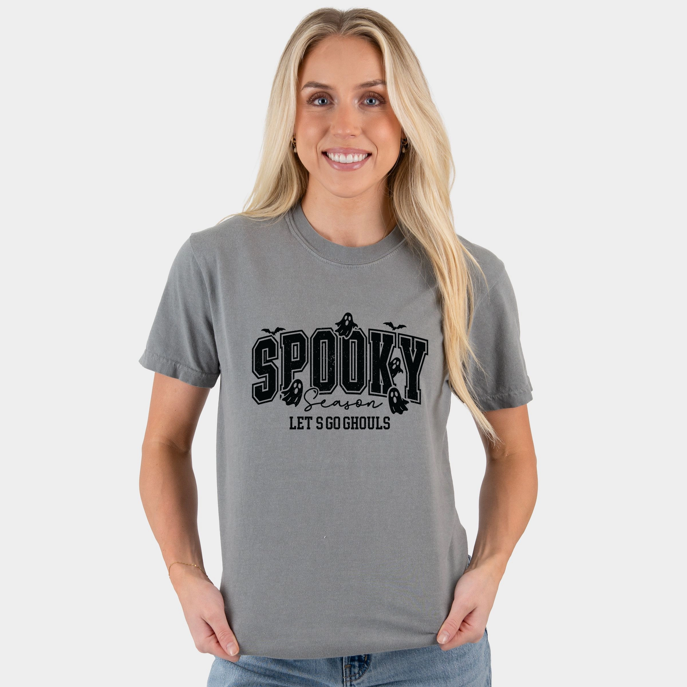 Simply Sage Market - Women's Garment Dyed Graphic T-Shirt Let's Go Ghouls Varsity