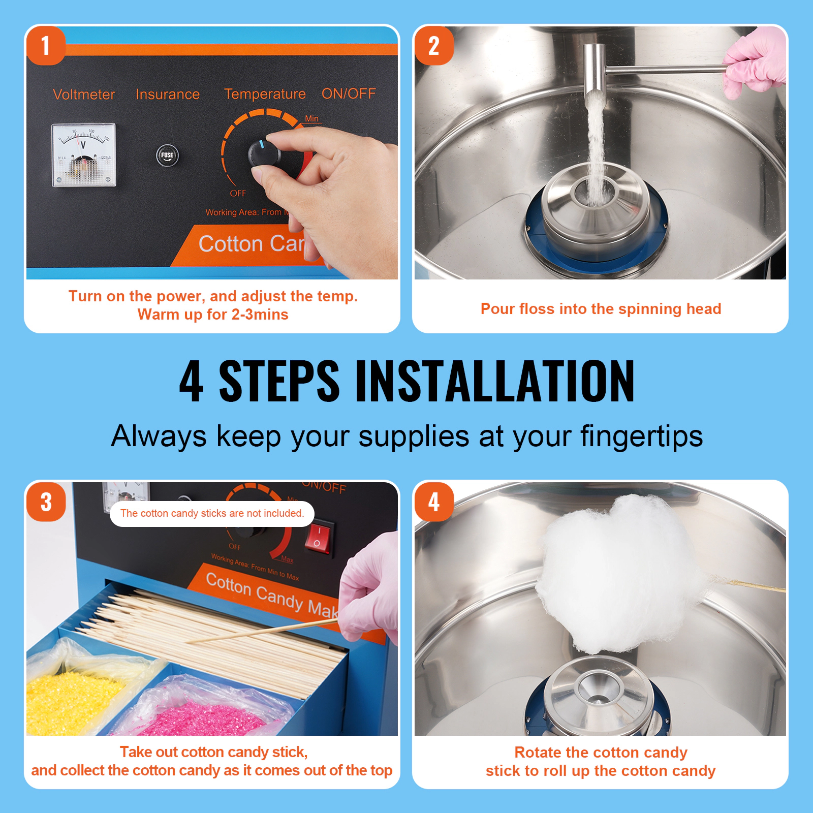 HONGGE Electric Cotton Candy Machine 1000W Floss Maker Commercial with Stainless Steel Bowl