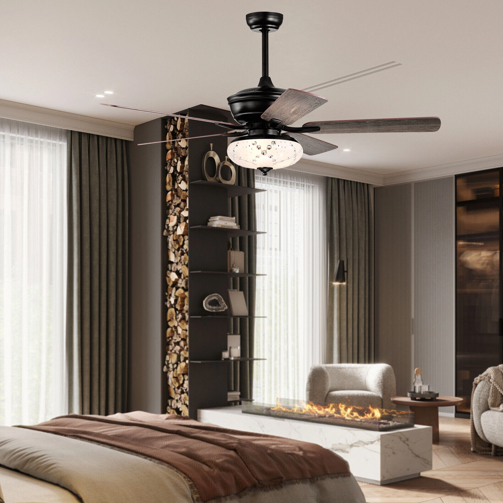 SUGIFT 52-in Retro Ceiling Fan with Remote Control 3 Wind Speeds Reversible Motor 5 Double-Faced Blades Black/Gray