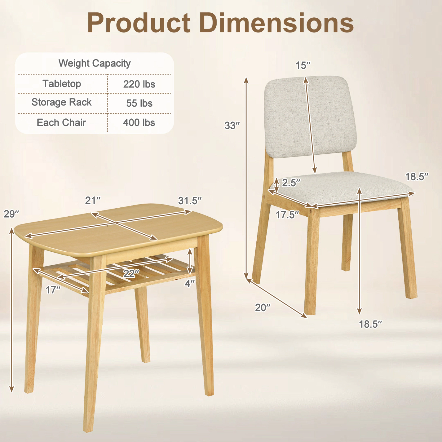 LJG 3-Piece Dining Table Set for 2 with Upholstered Chairs