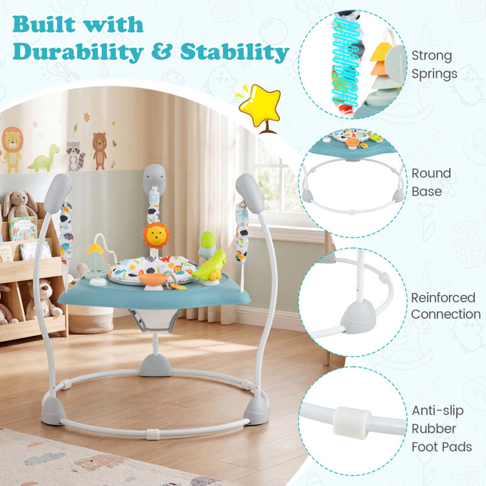 SUGIFT Baby Blue Jump and Play Activity Center with Rotating Seat and Music Box 32-in Dia 26.5-lb Jumper Capacity