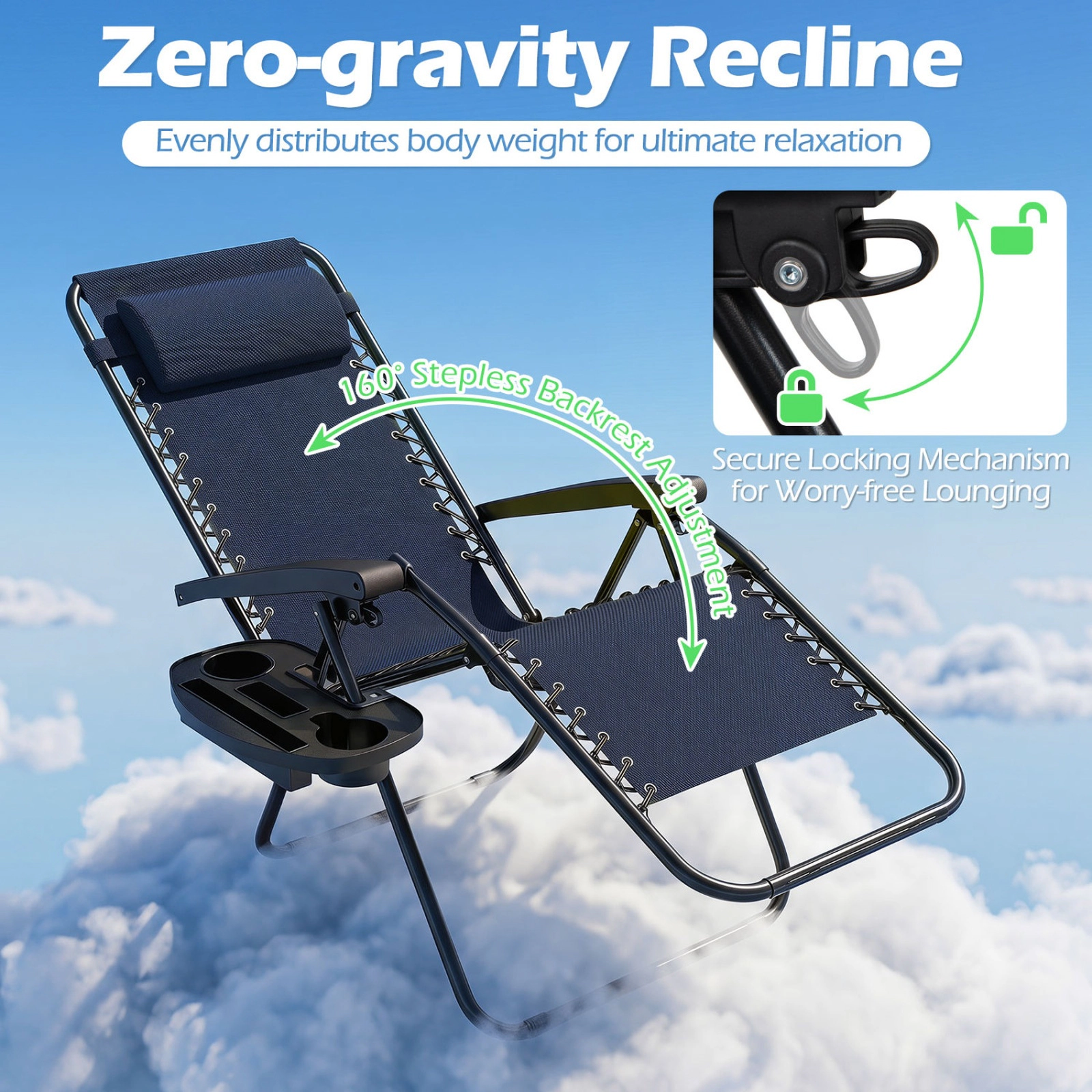 SUGIFT Cup Holder Trays and Head Pillows Set of 2 Portable Folding Zero Gravity Chairs