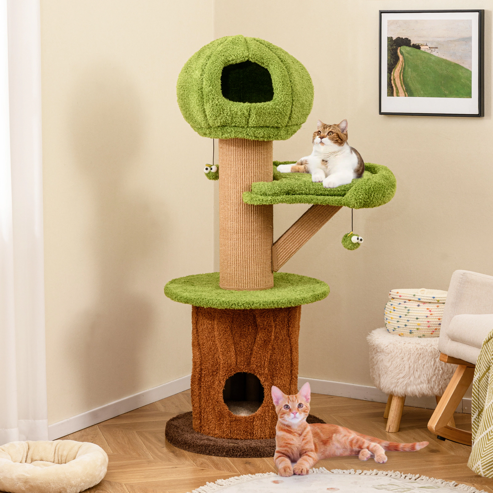 SUGIFT Mushroom Cat Tree with 2 Condos Plush Perch Thick Scratching Posts 33-lb Capacity 24 x 58 in Green Brown Natural