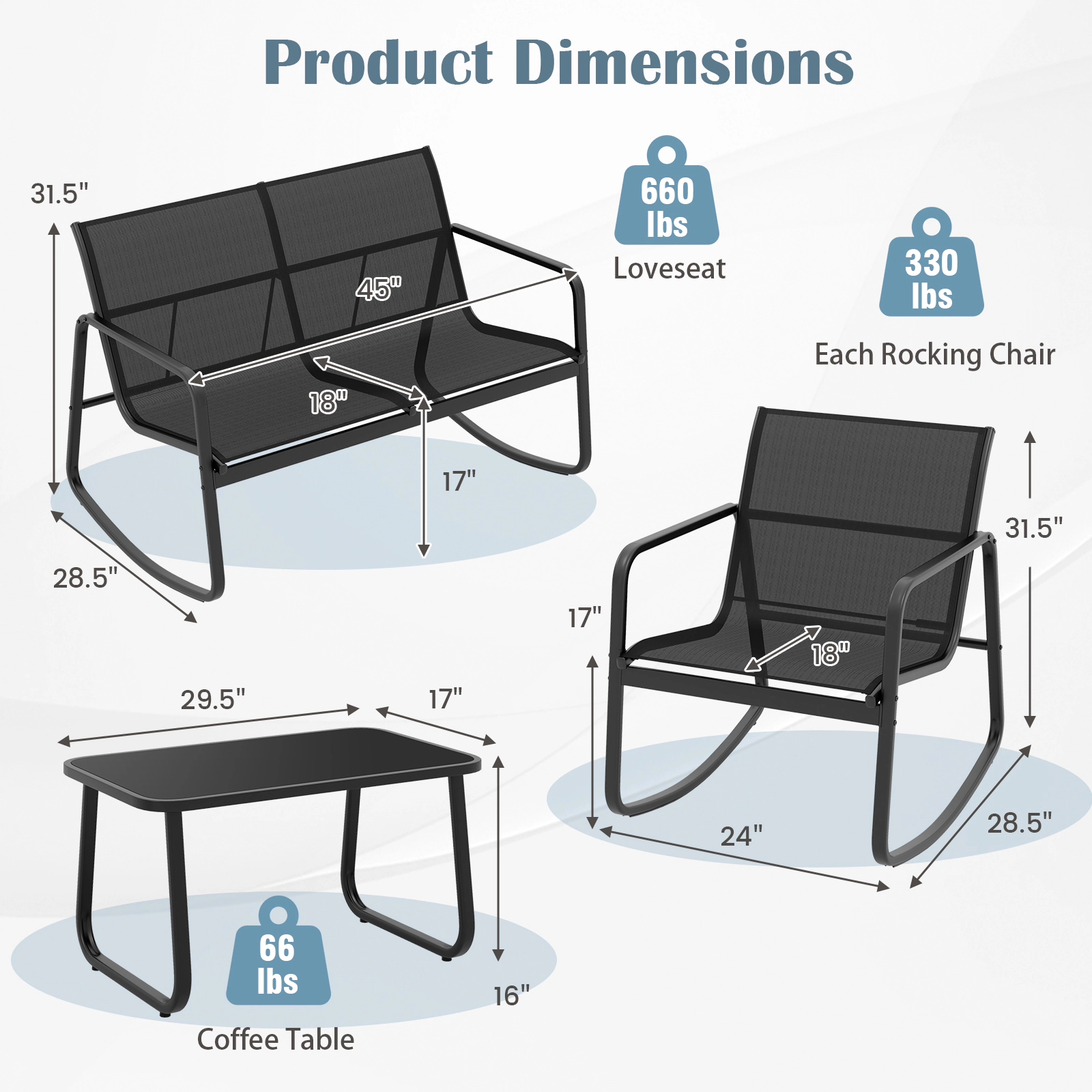 SUGIFT 4 Piece Metal Patio Rocking Conversation Set with Glass-Top Table 330-lb Chair 660-lb Loveseat Capacity Black
