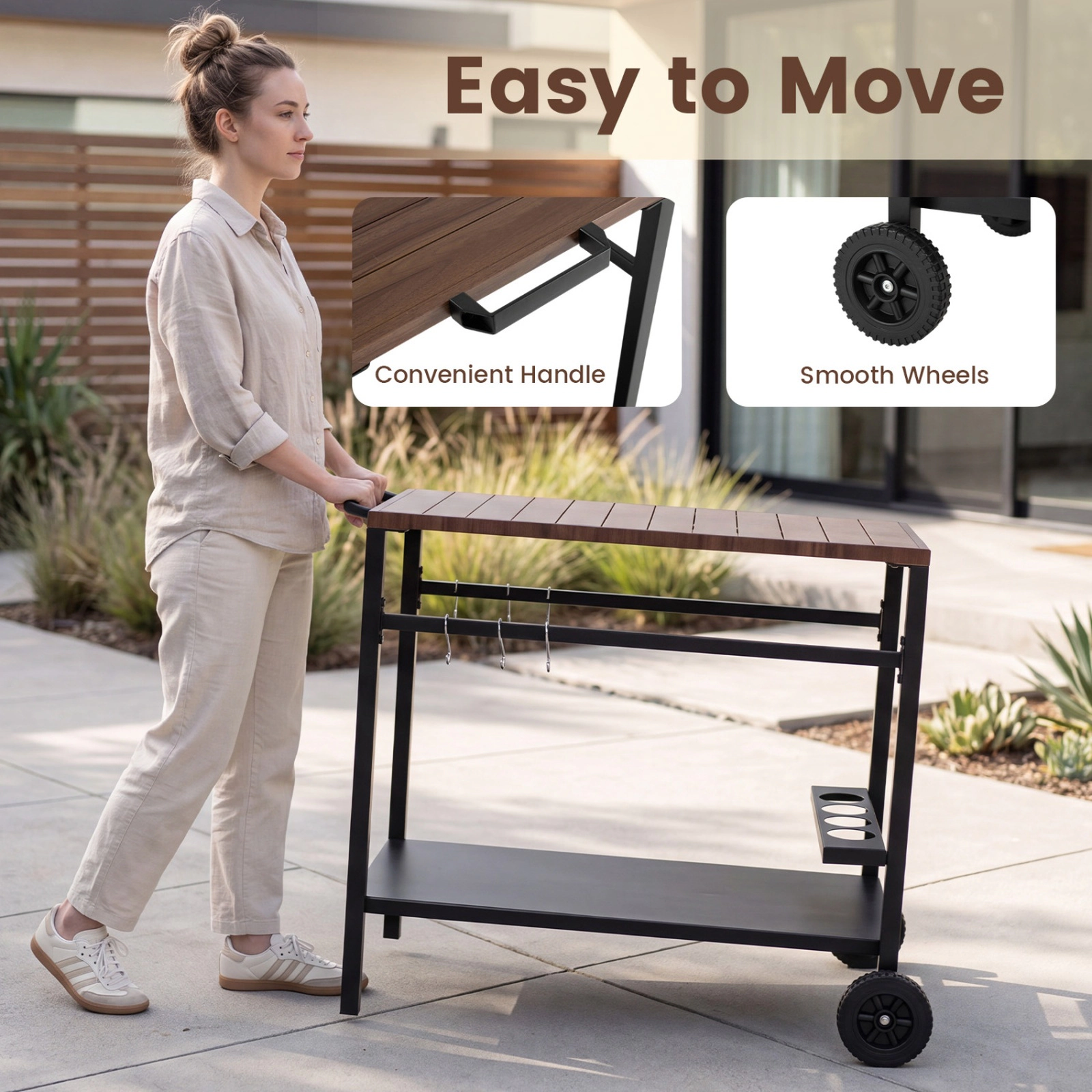 SUGIFT Outdoor Rolling Grill Cart with Spice Rack and Hooks BBQ Prep Table for Patio Garden Backyard
