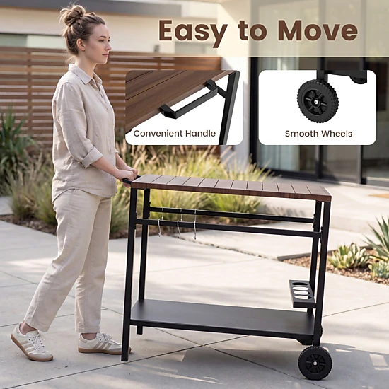 SUGIFT Outdoor Rolling Grill Cart with Spice Rack and Hooks BBQ Prep Table for Patio Garden Backyard