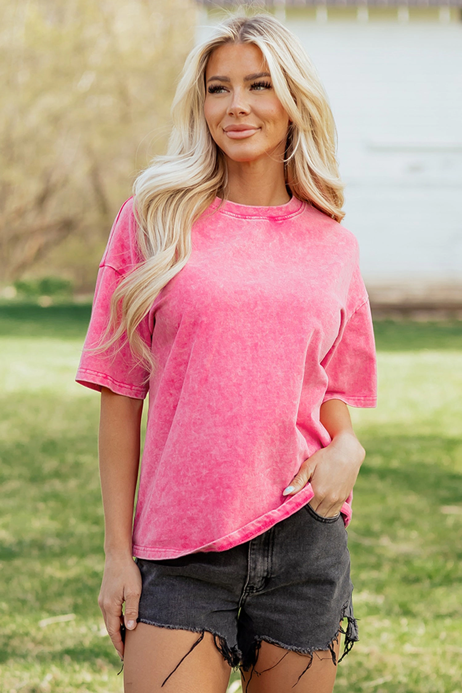 Threaded Pear Womens Neriah Mineral Washed Oversize Tee - Sachet Pink