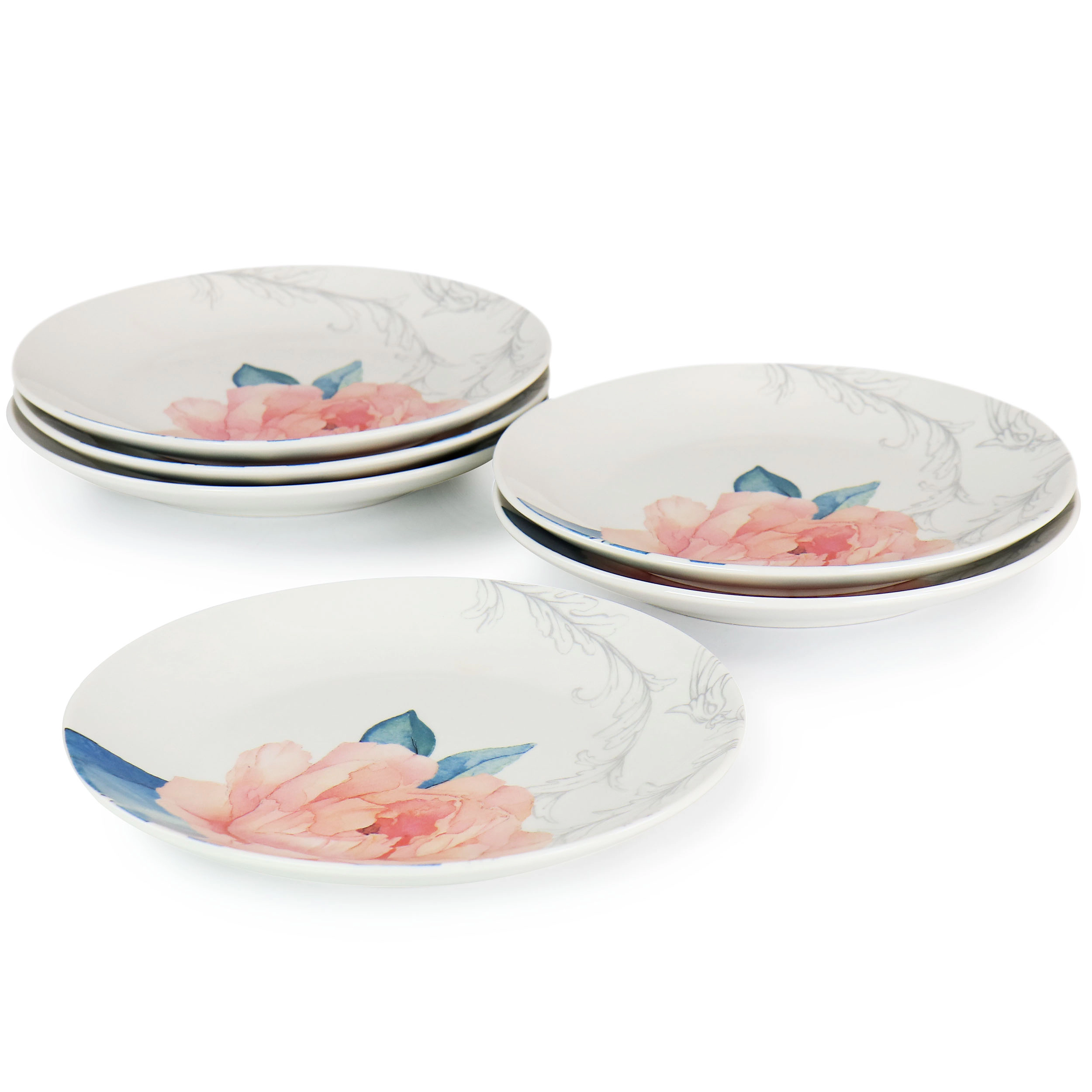 Martha Stewart 8 Inch Fine Ceramic 6 Piece Floral Decorated Dessert Plate Set