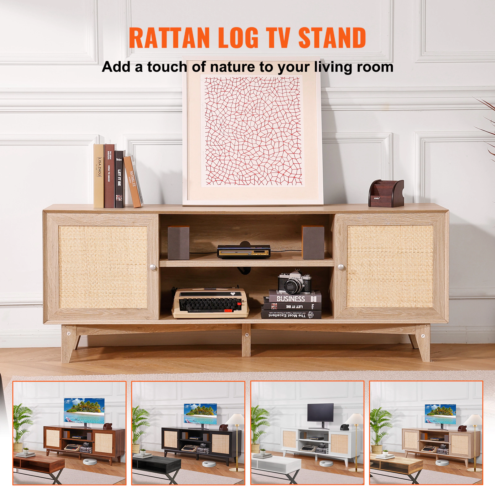 HONGGE Rattan TV Stand for TV Boho TV Stand with Rattan with Build-in Socket Modern TV for Living Room Media Room