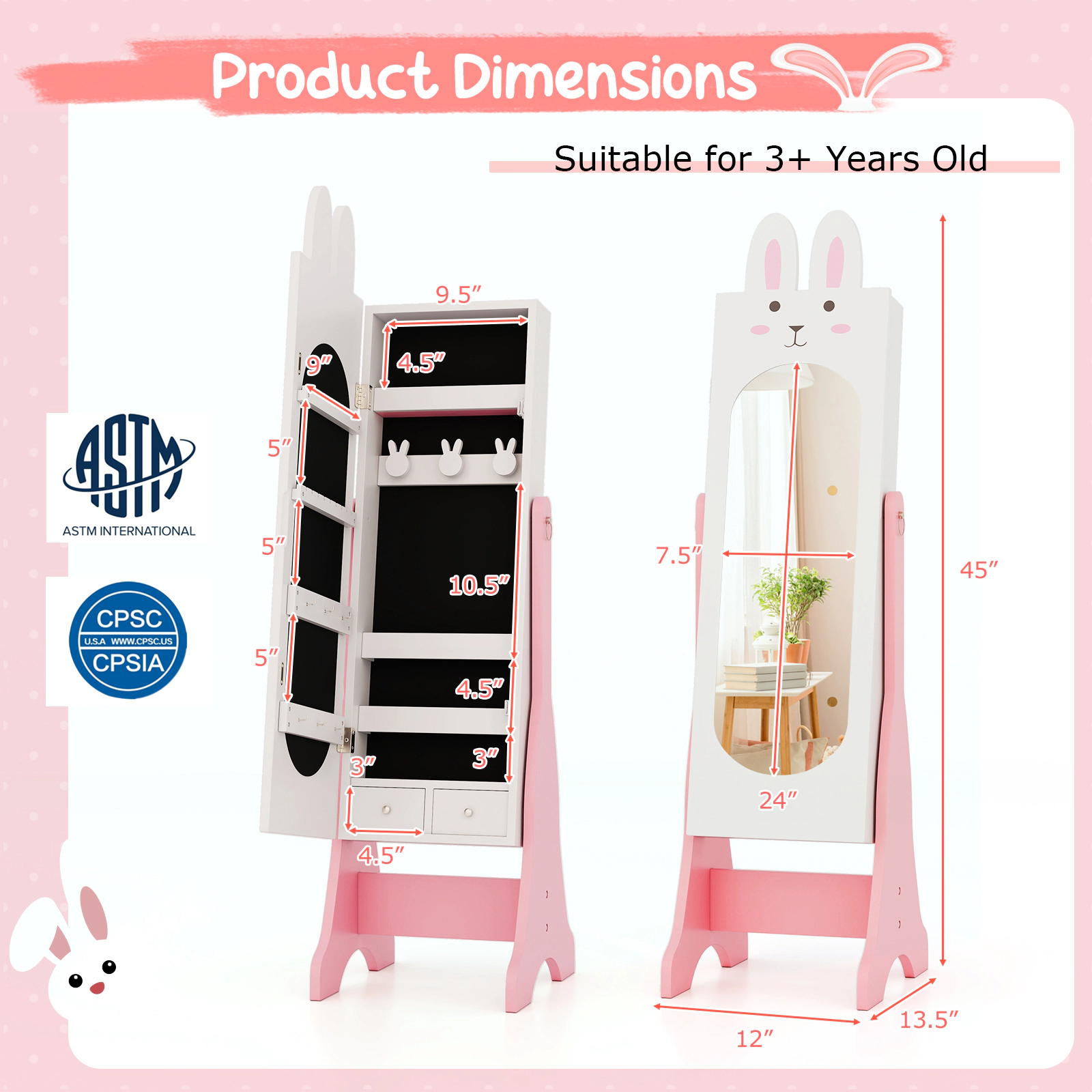 SUGIFT 4-Piece Kids Vanity Table Set with Chair and Full-Length Dressing Mirror 110-lb Stool Capacity Ages 3+ Pink/White
