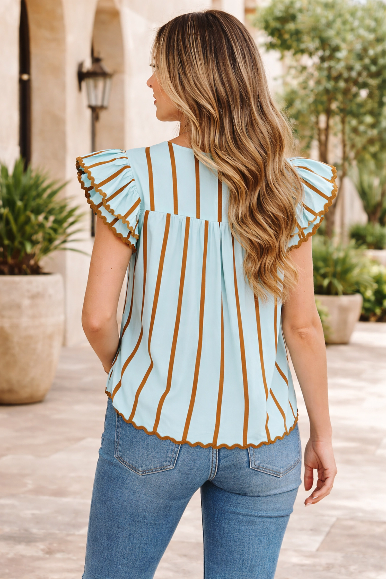 Threaded Pear Women's Malaysia Ruffled Short Sleeve Blouse