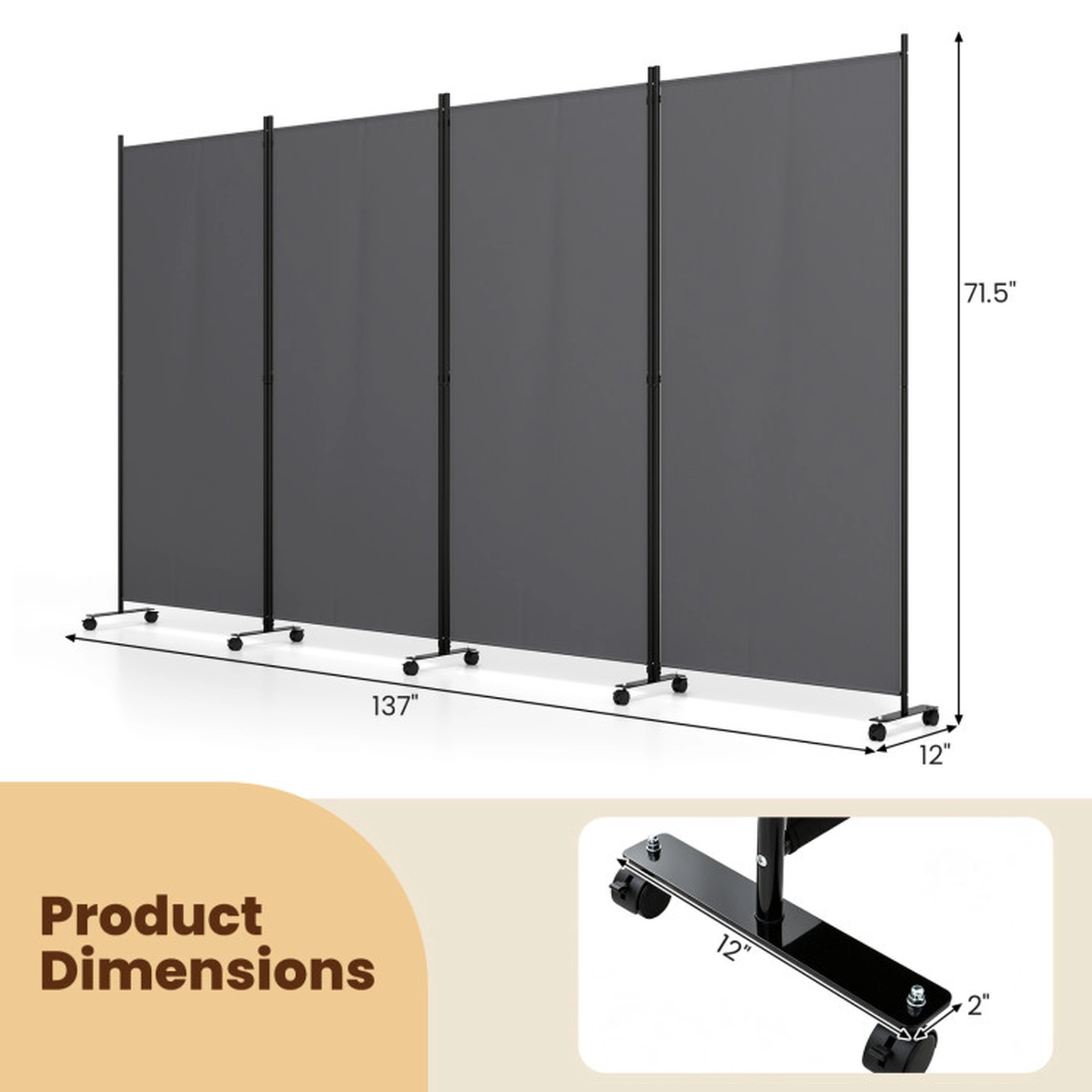 SUGIFT 4-Panel Non-See-Through Fabric Folding Privacy Screen Room Divider 137-in x 12-in x 71.5-in 22-lb Gray