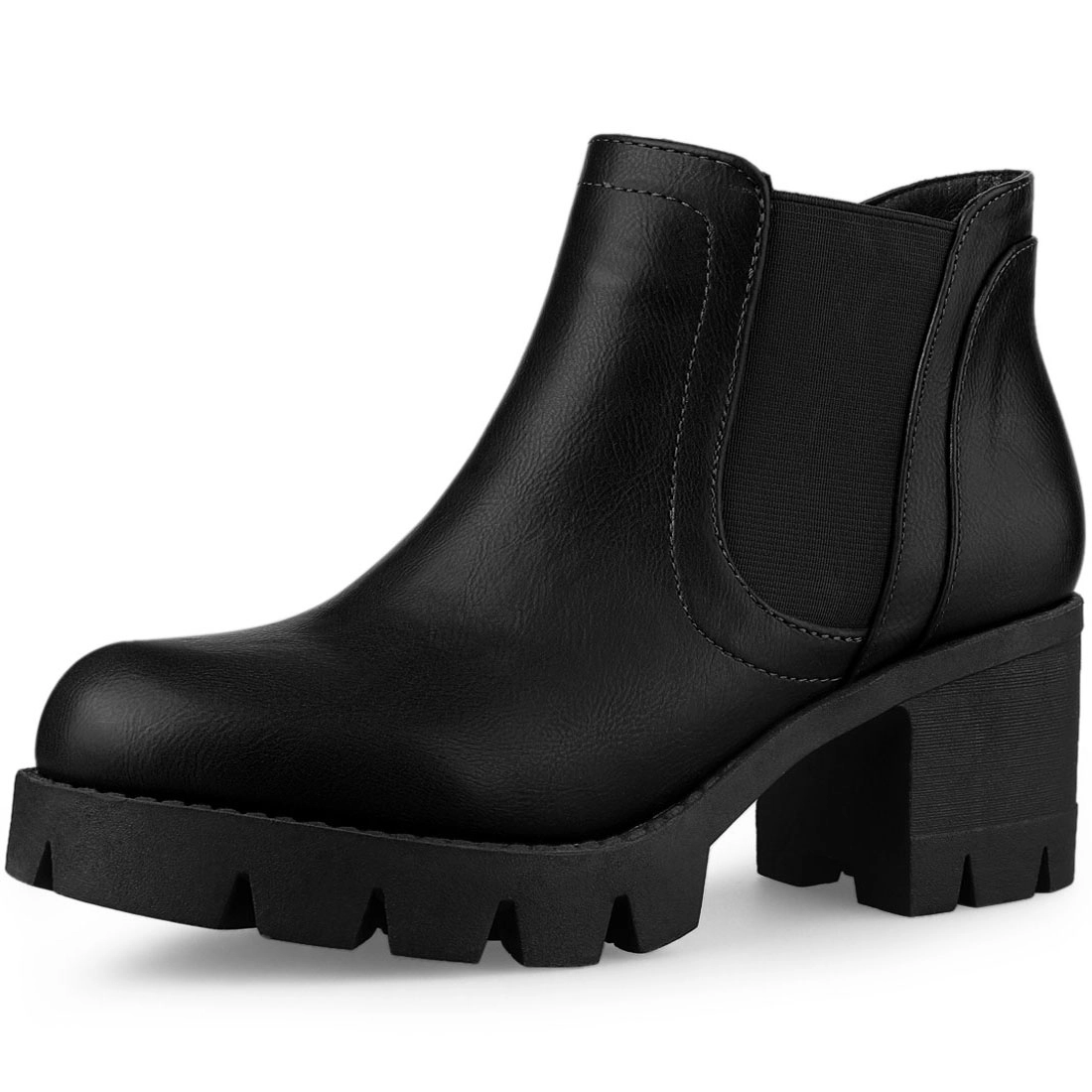 BLISSFUL STEP Women Lug Sole Chunky Heel Chelsea Ankle Boots