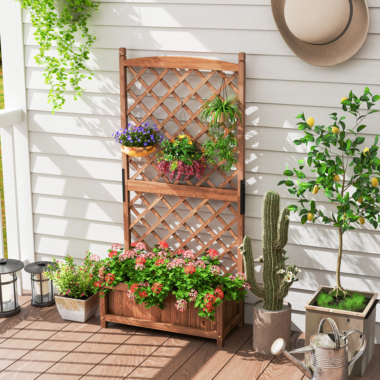 SUGIFT 60-in Tall Fir Wood Raised Garden Bed with Diamond Lattice Trellis and Removable Bottom Panels