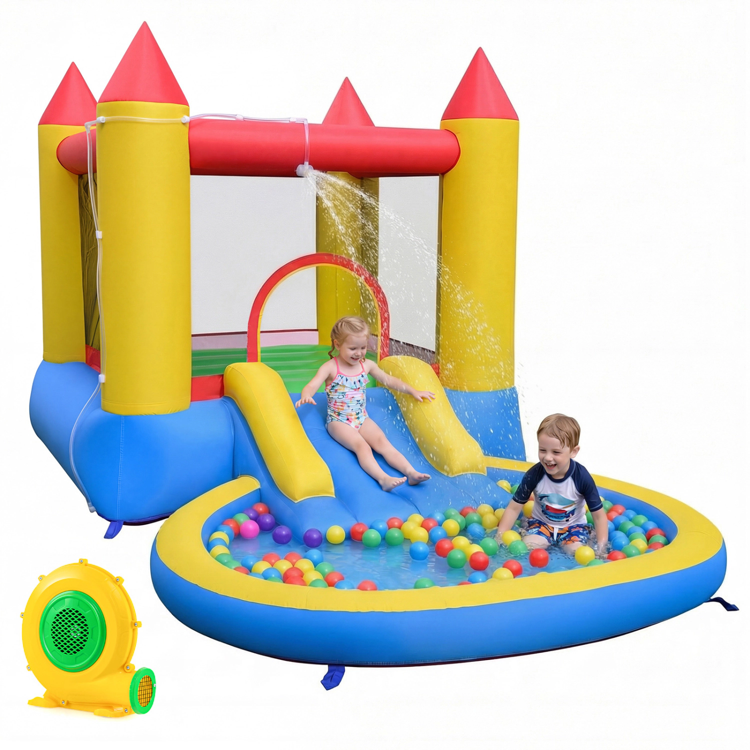 LJG Kids Inflatable Bounce House with Water Slide and 370W Blower