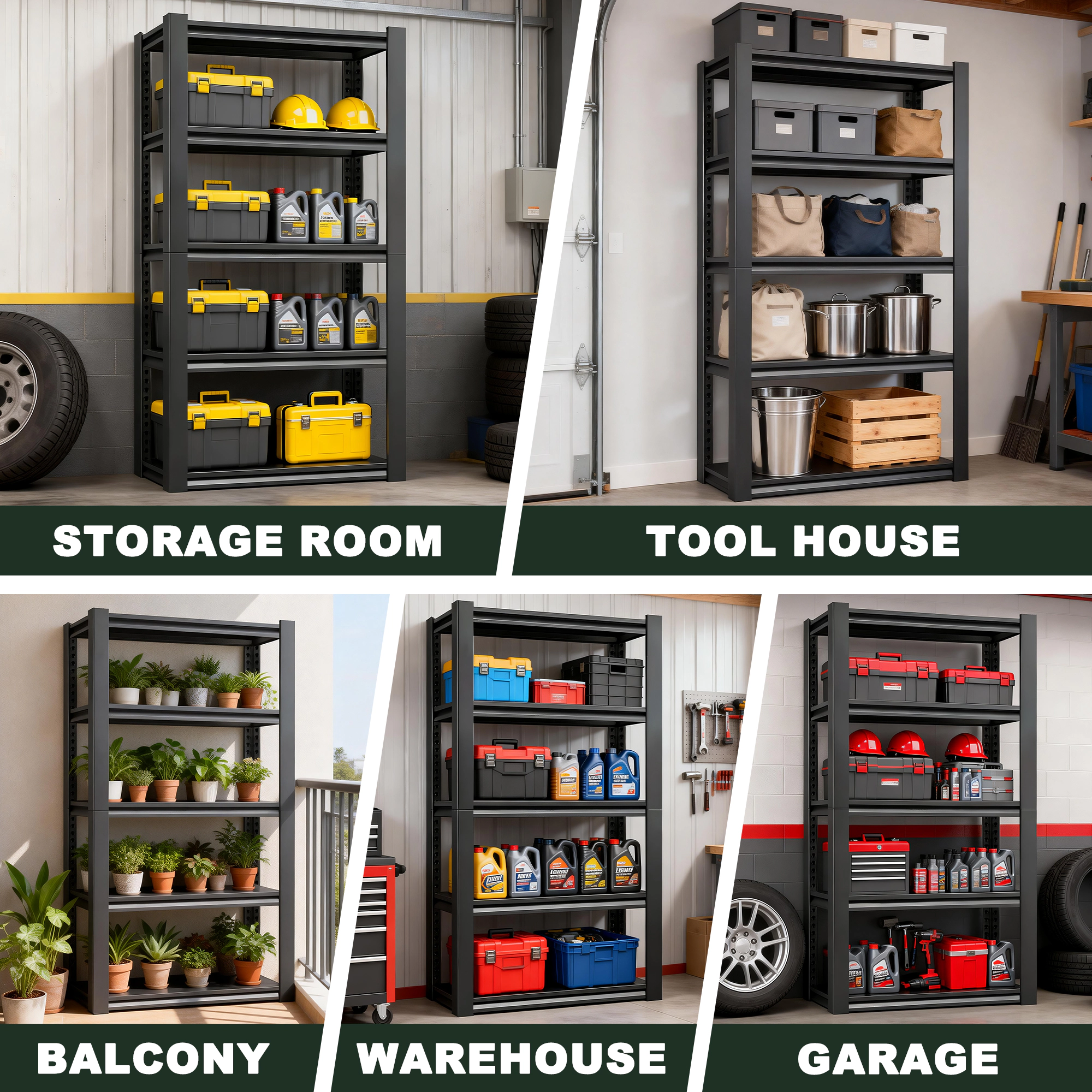 Flynama 72" H 5-Tier Metal Shelves, 2000lb, Black, Garage/Industrial Storage