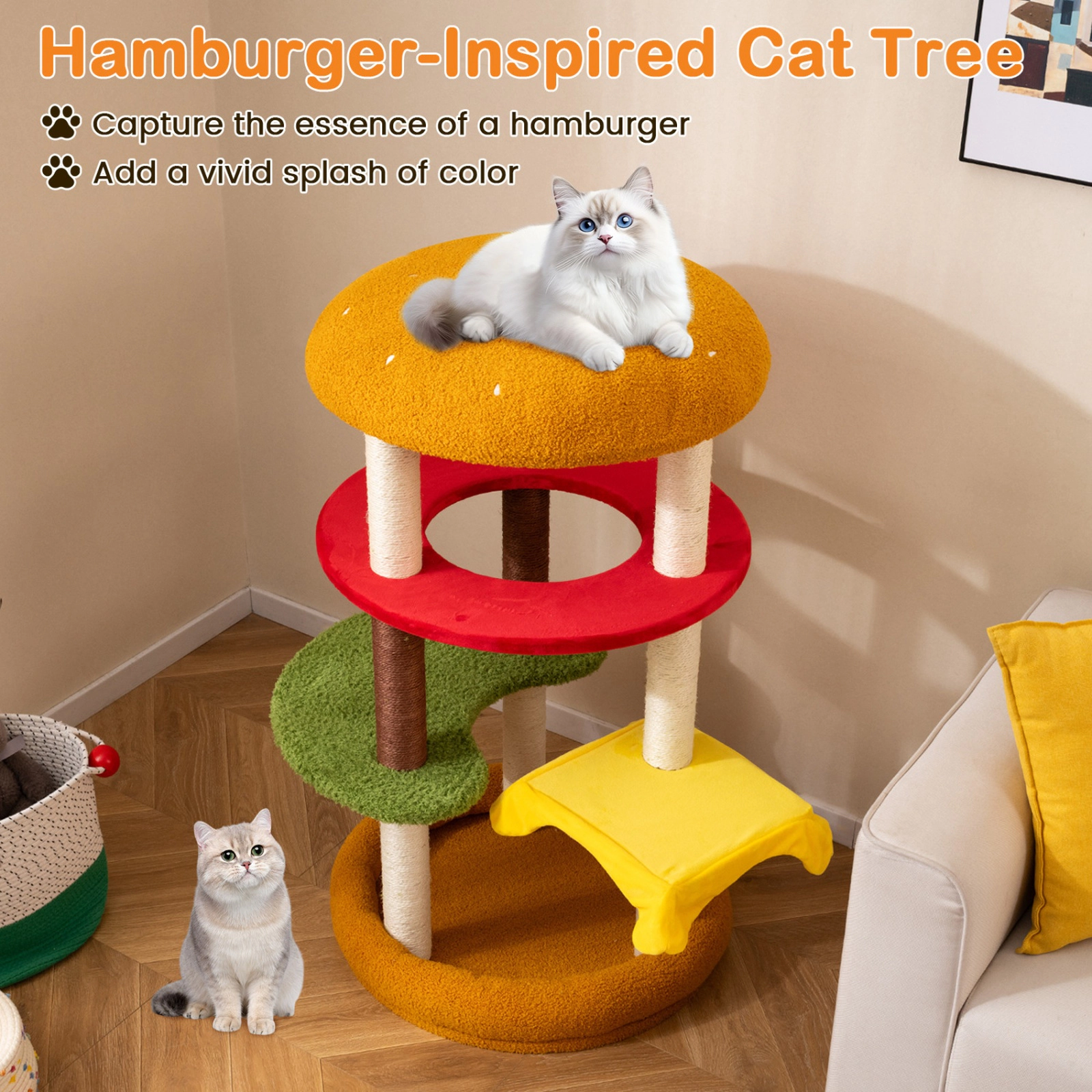 SUGIFT Yellow 42 in Hamburger Cat Tree with 24 in Padded Perch and Cat Bed