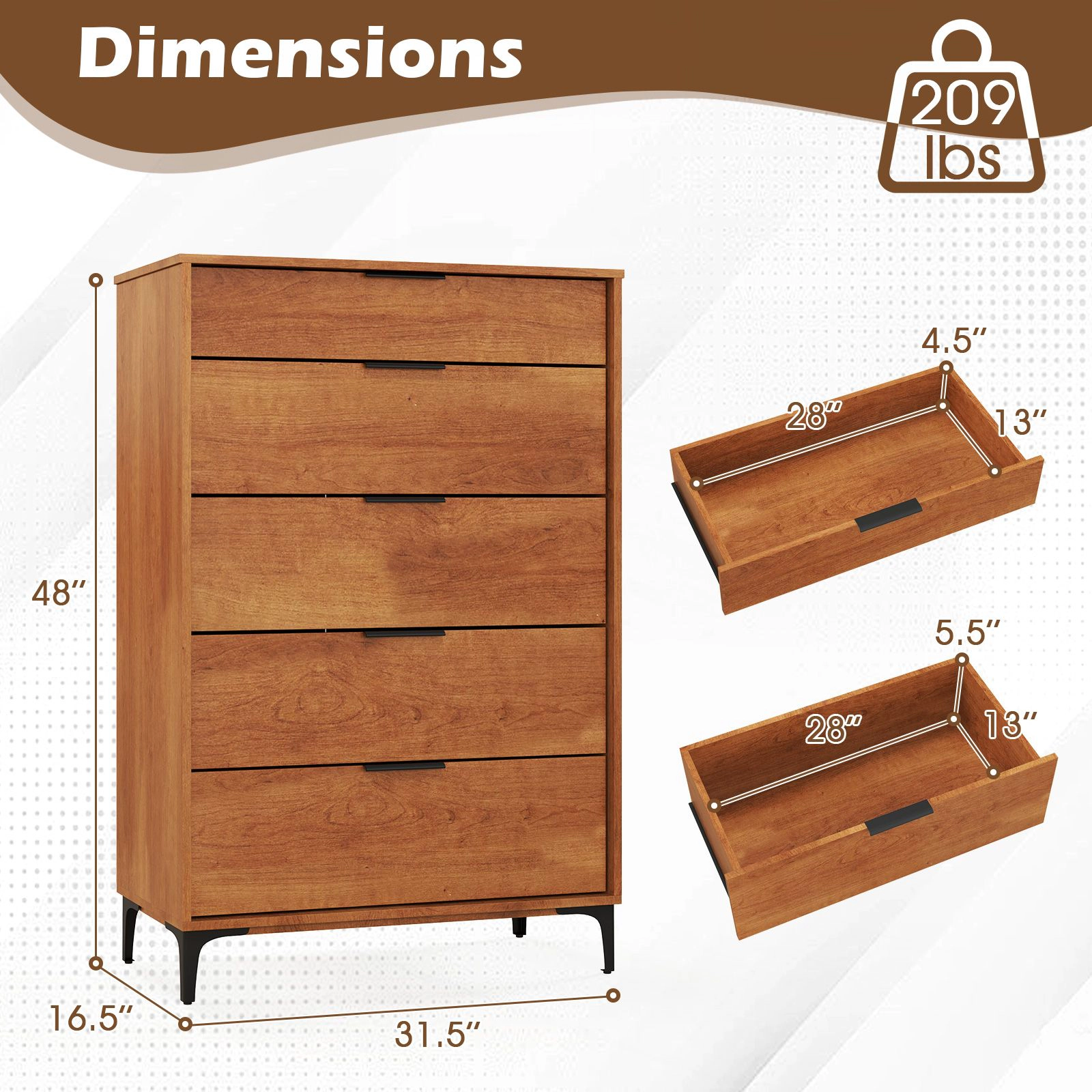 SlickBlue Tall Bedroom Chest of Drawers with Large Storage Space Organizer