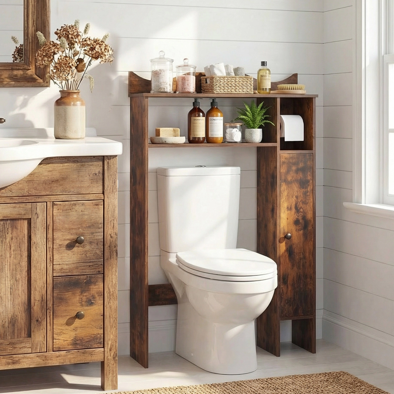 SUGIFT Over the Toilet Storage Cabinet Rustic Brown with Toilet Paper Holder