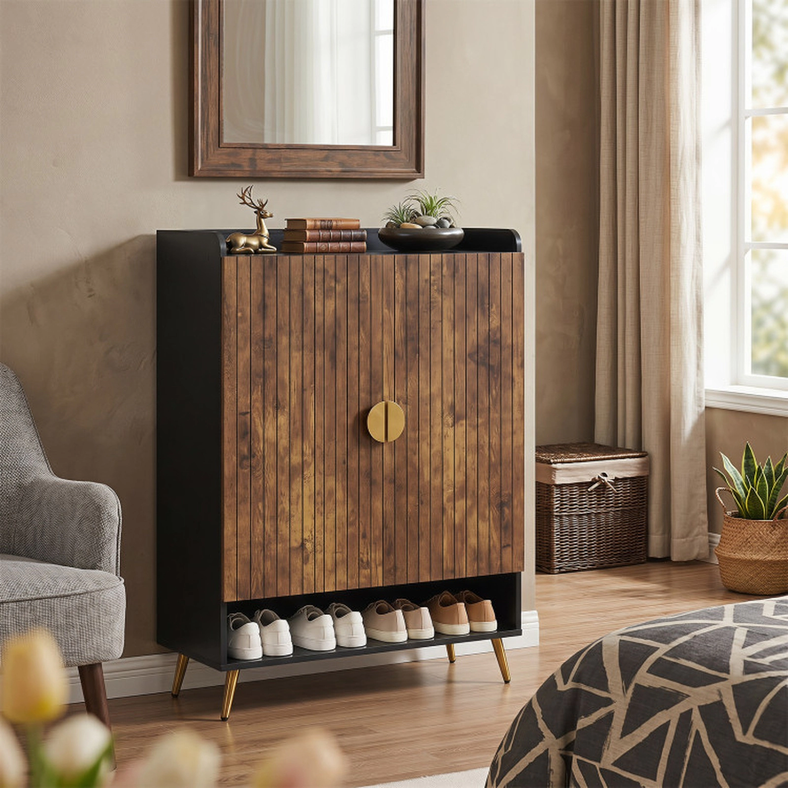 SUGIFT Rustic Brown 7-Tier Doors Adjustable Shelves 44 Inch Tall Shoe Storage Cabinet