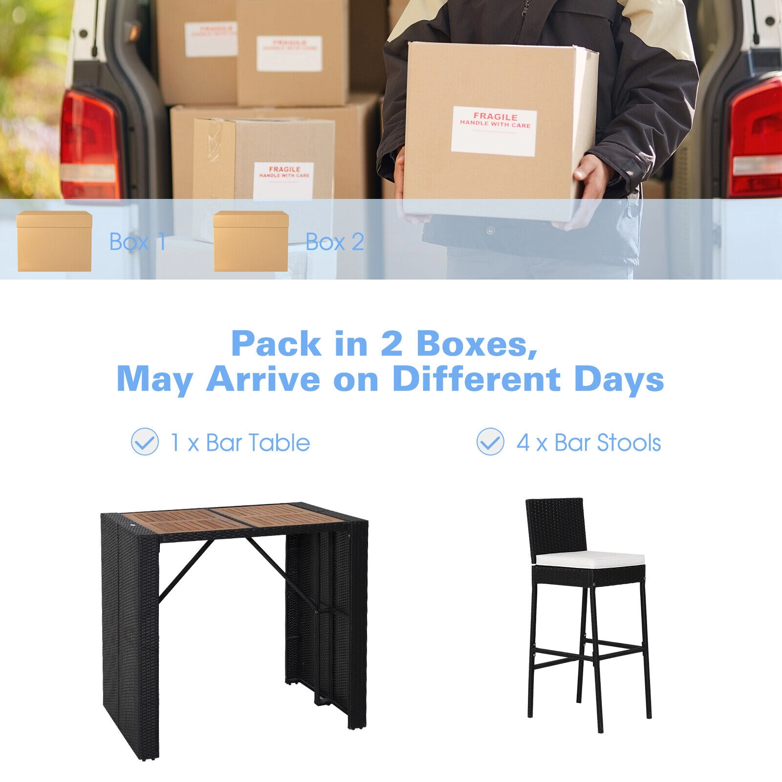 SUGIFT 5-Piece Black Patio Bar Set with Acacia Table, 4 Wicker Stools and Cushions