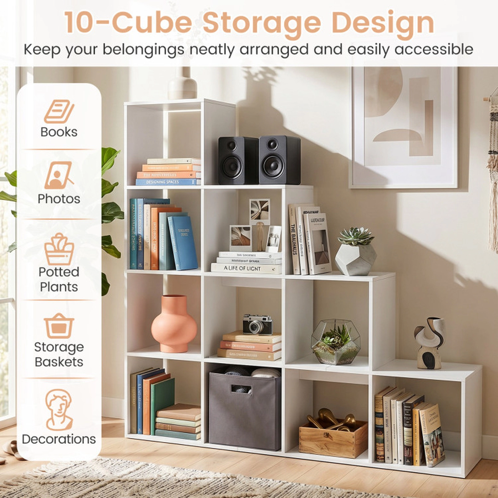 SUGIFT 4-Tier 10-Cube White 51-in Wide Open Display Bookshelf with 2 Anti-Tipping Kits for Study and Office
