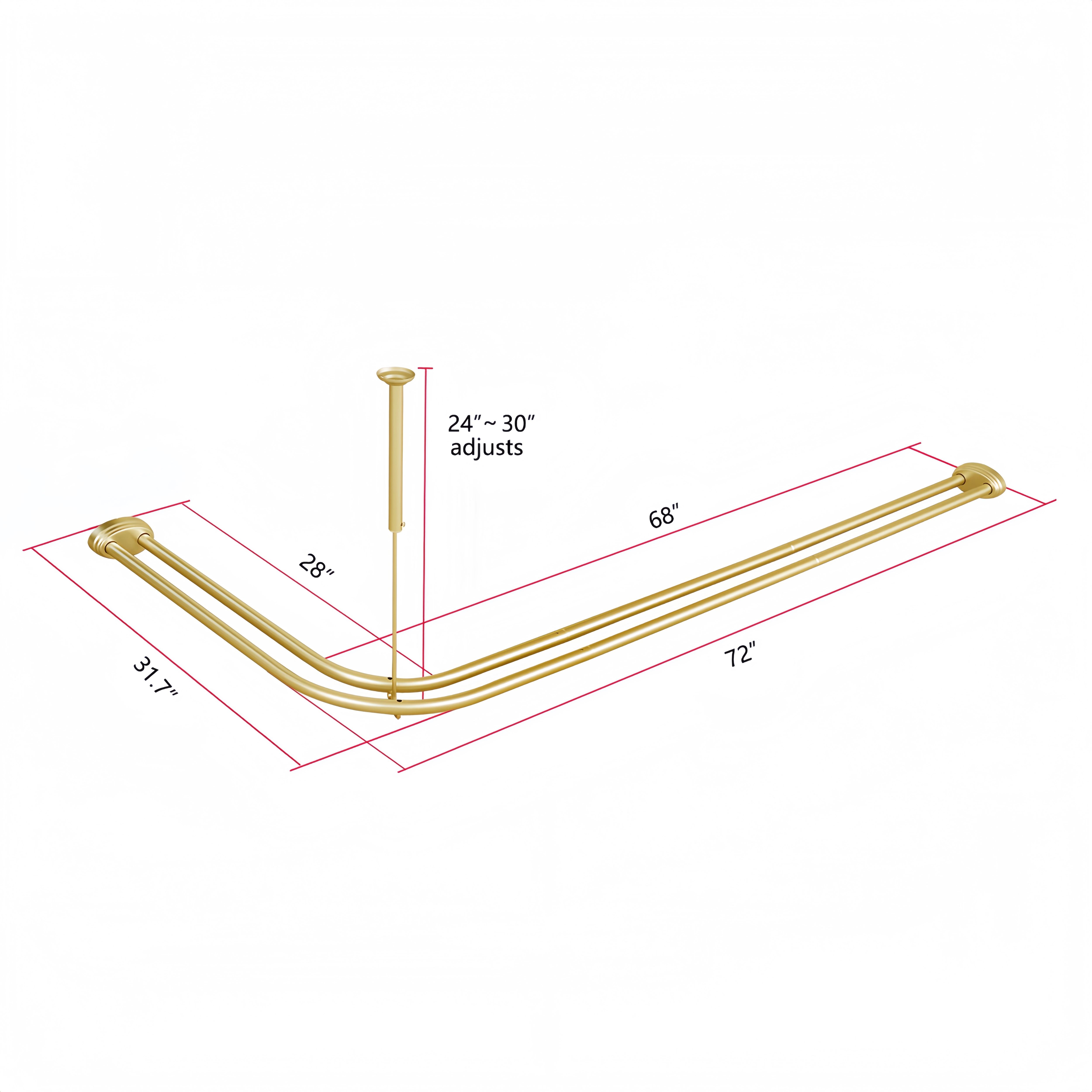 Utopia Alley Rustproof Aluminum Double L Shaped Shower Curtain Rod 72"Lx31.7"W, with 24 Hooks & Ceiling Support