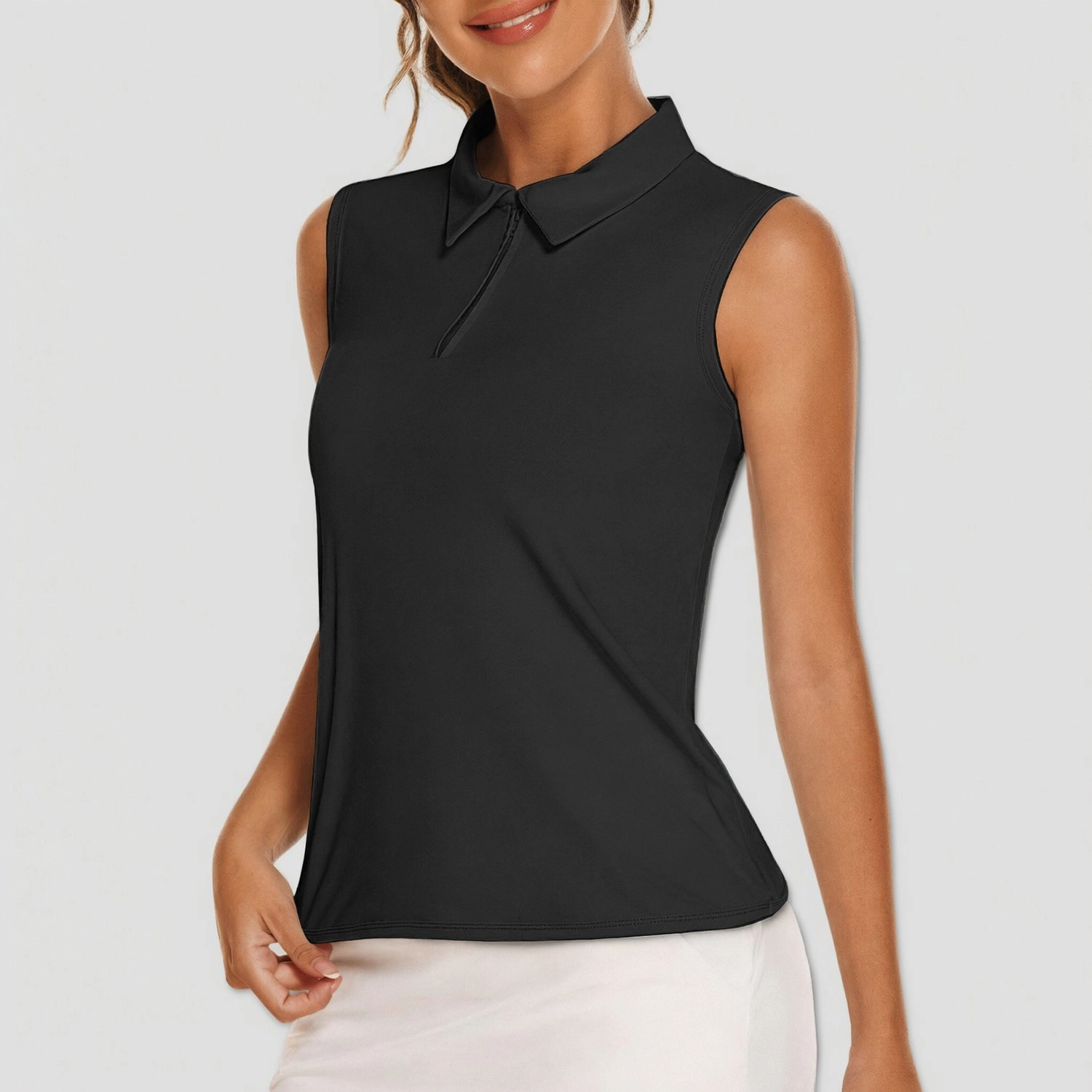 Pinspark Womens Sleeveless Polo Shirts Summer Zip Collar Solid Casual Golf Tank Tops