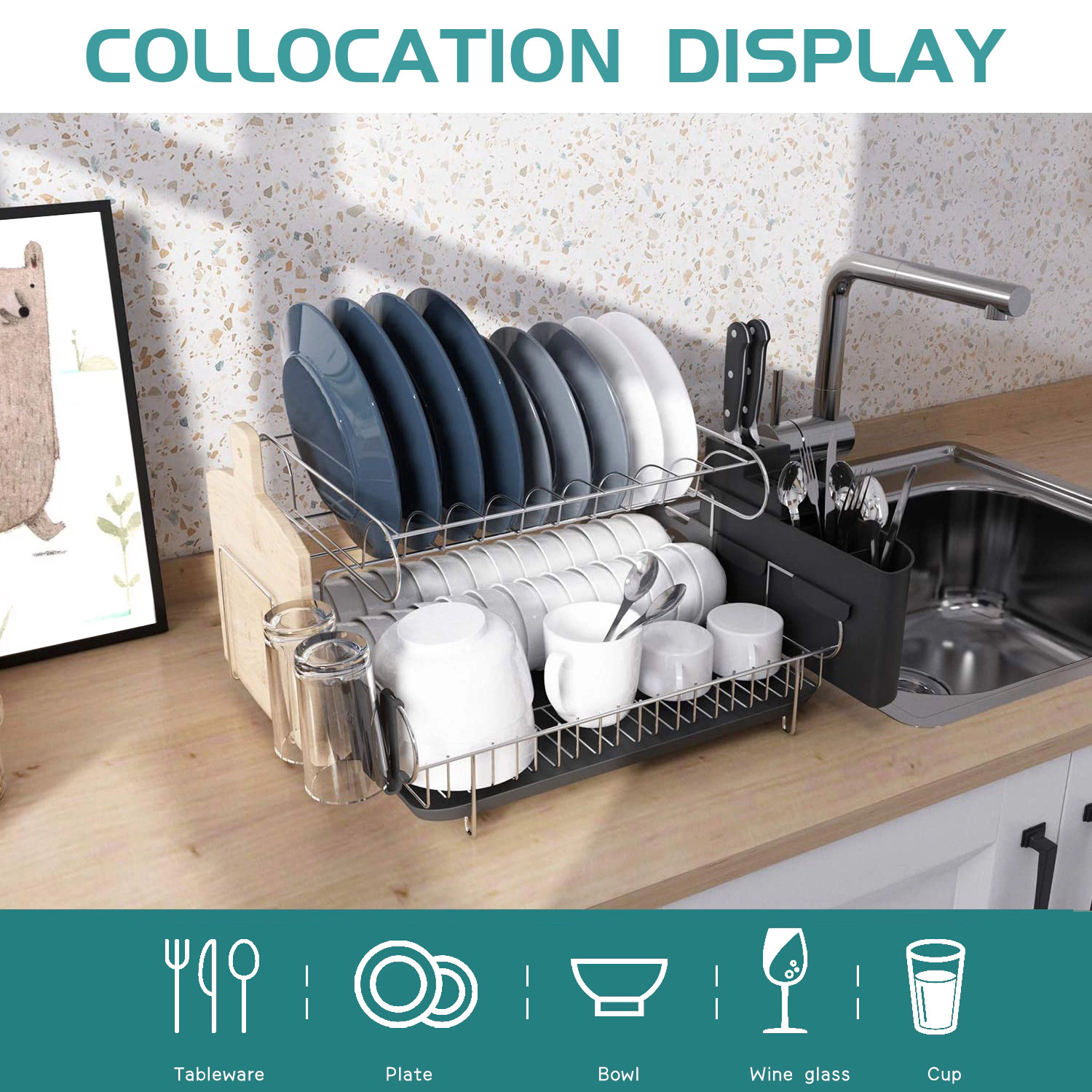 Mega Casa 2-Tier Dish Drying Rack with Drainboard, Chrome Dish Strainer with Utensil Holder for Kitchen