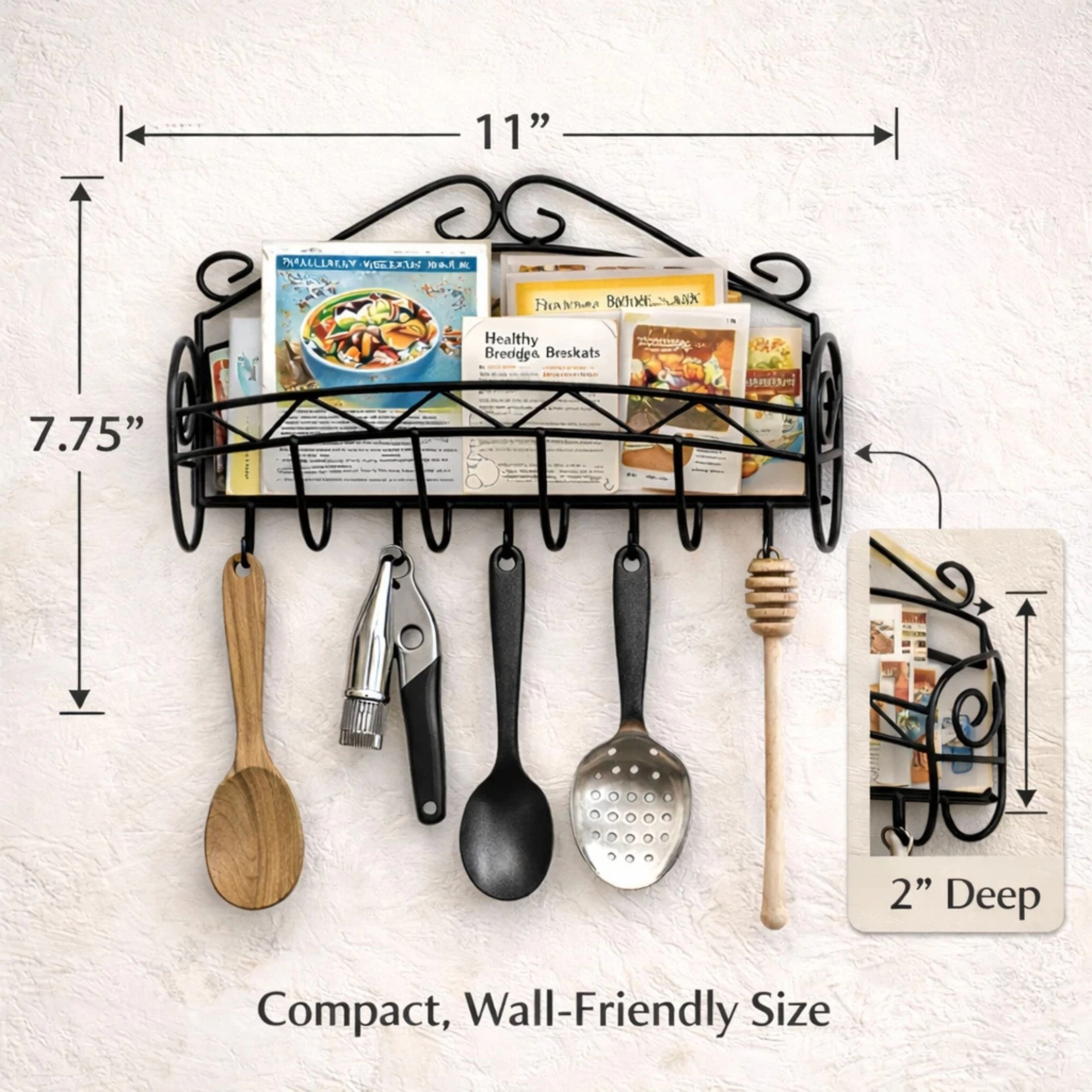 Home Collection Black Wrought Iron Kitchen Wall Organizer with Hooks