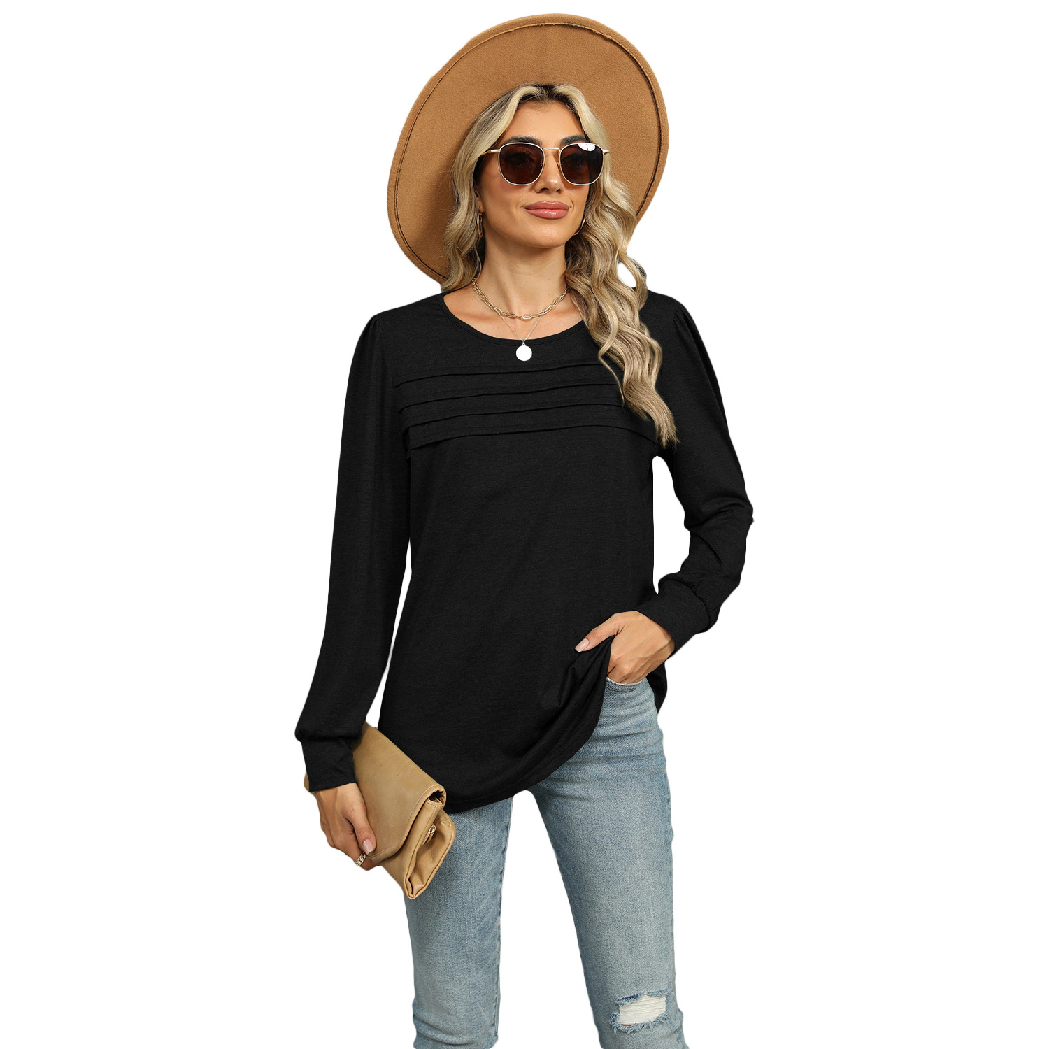Enchanted Funland Womens Round Neck Pleated Front Puff Long Sleeve Tunic Tops
