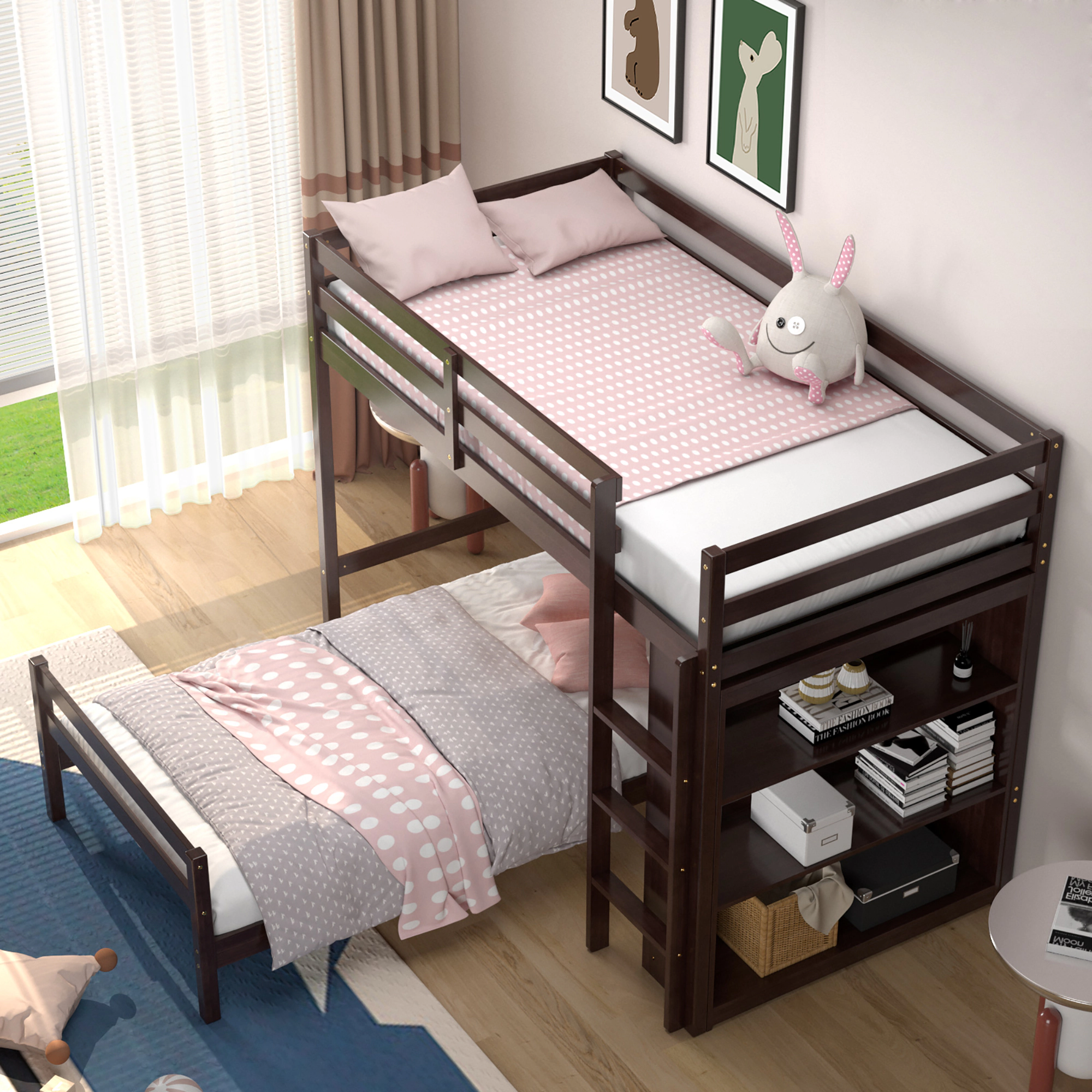Costway Twin Over Loft Bunk Bed Wood w/Bookcase Guardrail Ladder Kids Bedroom