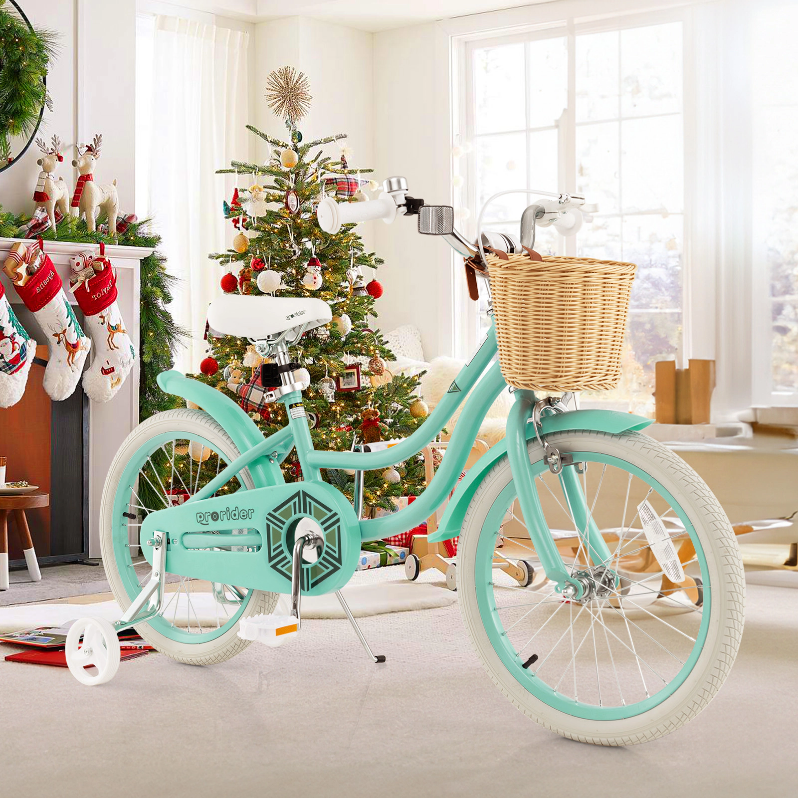 18-in Kids Bike Training Wheels Front Basket Adjustable Saddle Reaching 29-in Multi-Layer Rubber Tires Ages 4-8 Green
