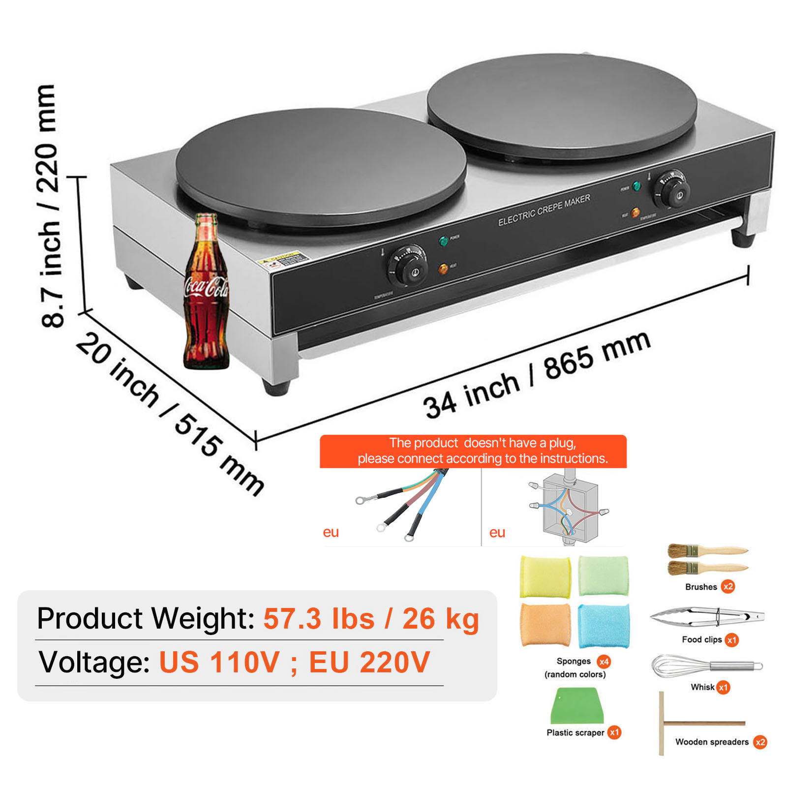 HONGGE Electric Crepe Maker, 16-Inch Commercial Crepe Machine, Flat Plate Crepe Griddle, Nonstick Stainless Steel