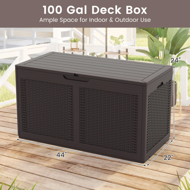 SUGIFT 100-Gal 440-lb Lid Capacity Resin Deck Box Outdoor Storage Bench with Wheels and Rattan Texture