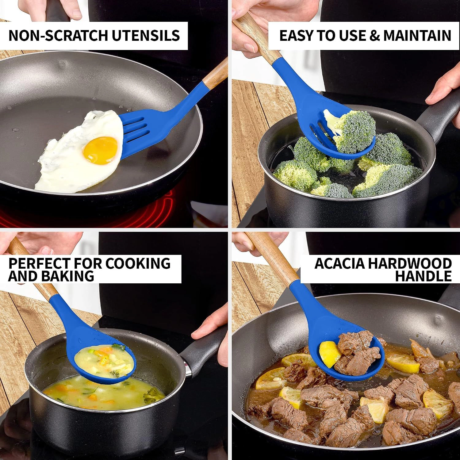 Zulay Kitchen Utensils Set Non-Stick Silicone Cooking Utensils Set with Authentic Acacia Wood Handles 5 Piece Set