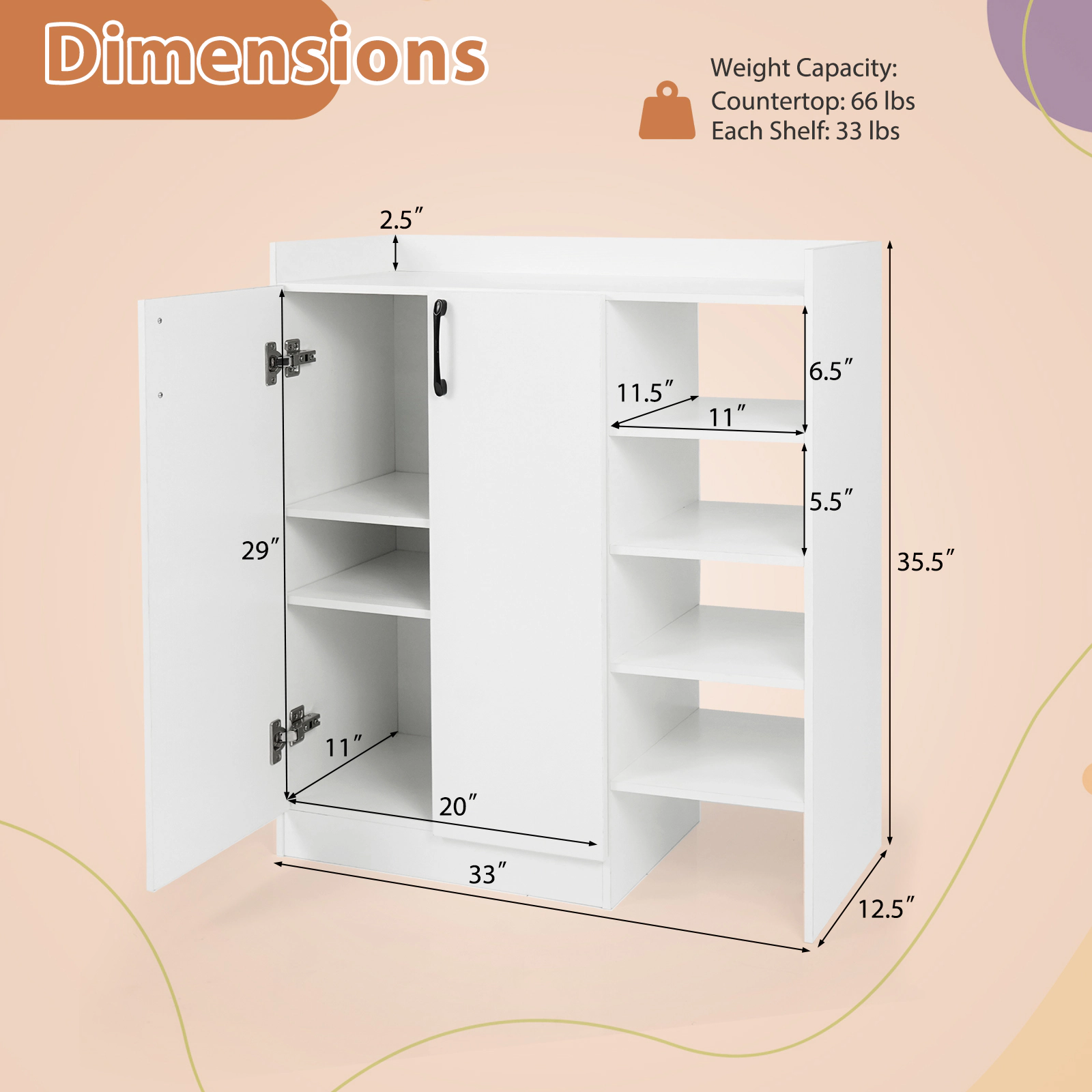 SUGIFT White 2 Doors and 2 Adjustable Inner Shelves Entryway Shoe Organizer Shoe Cabinet