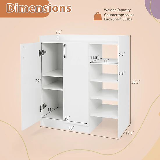 Glintex 33-Inch Shoe Cabinet with Safety Barrier Top and 2 Adjustable Inner Shelves, White